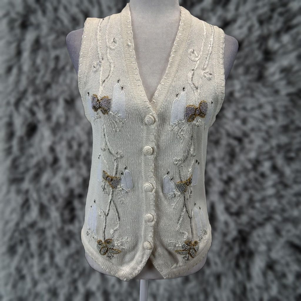 Vintage VINTAGE Victoria Jones Christmas Sweater Vest Women's Vest PS Petite V-Neck Ivory Cotton Blend Size Small/Petites Mens? Women Size S / US 4 / IT 40 - 1 Thumbnail