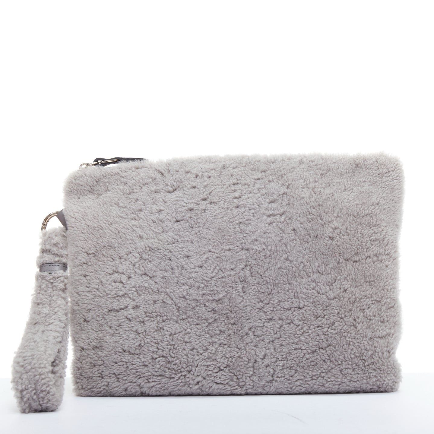 Ermenegildo Zegna ERMENEGILDO ZEGNA grey lambskin shearling wrist strap zip clutch bag Size ONE SIZE - 1 Thumbnail