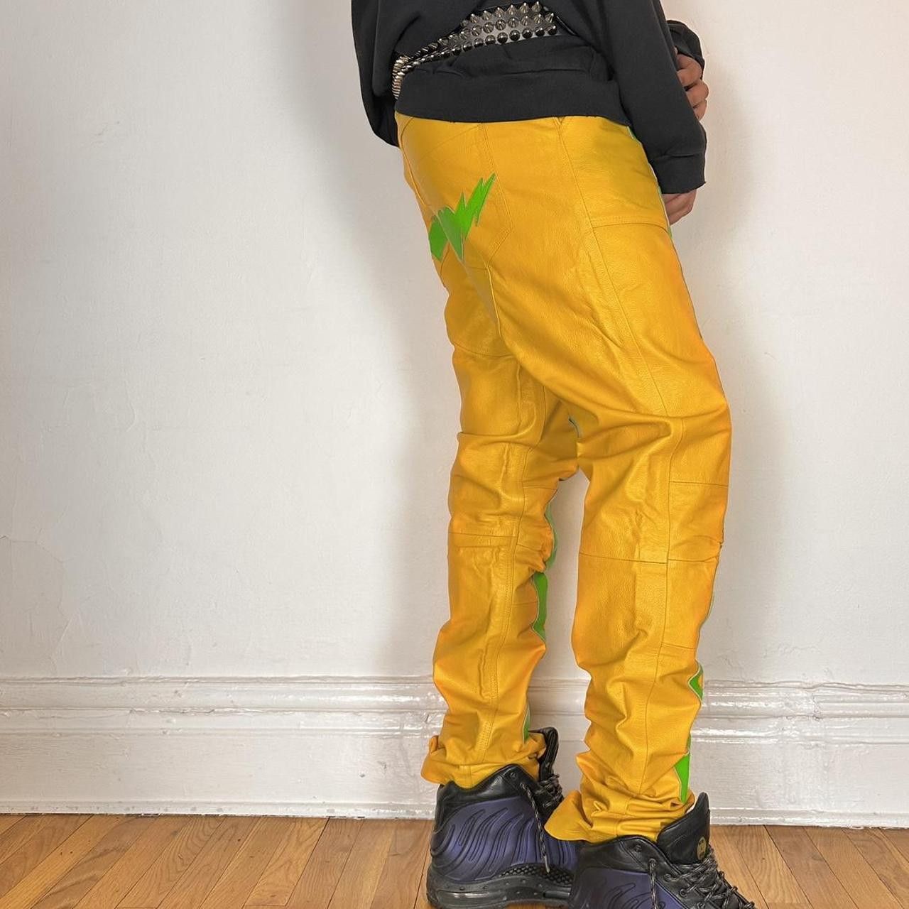 Vintage Seeking Green/Yellow Skeleton Leather Biker Pants - 36x36" Size US 36 / EU 52 - 8 Thumbnail