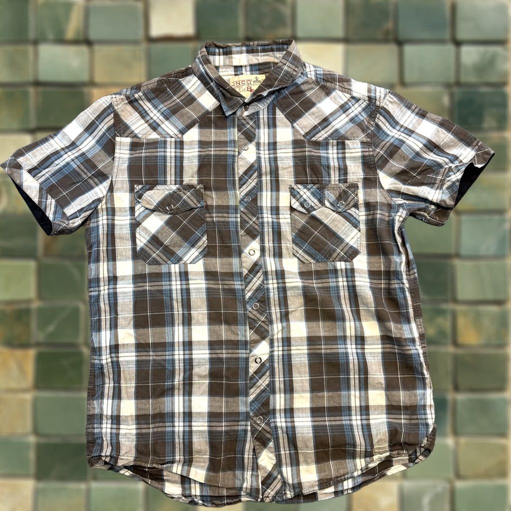 JNCO JNCO Crown Brand Shirt Adult XL Blue Gray Plaid Button-Up Short Sleeve Slim Fit Regular I Colorful Western Modern Mens Size US XL / EU 56 / 4 - 1 Thumbnail