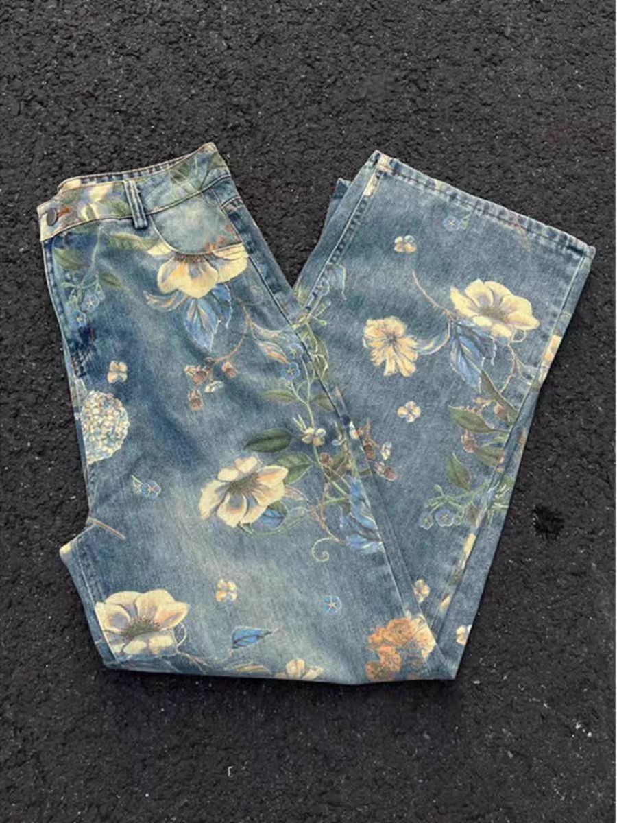 Jean Washed Blue Relaxed Fit Floral Denim Jeans Size US 32 / EU 48 - 5 Thumbnail