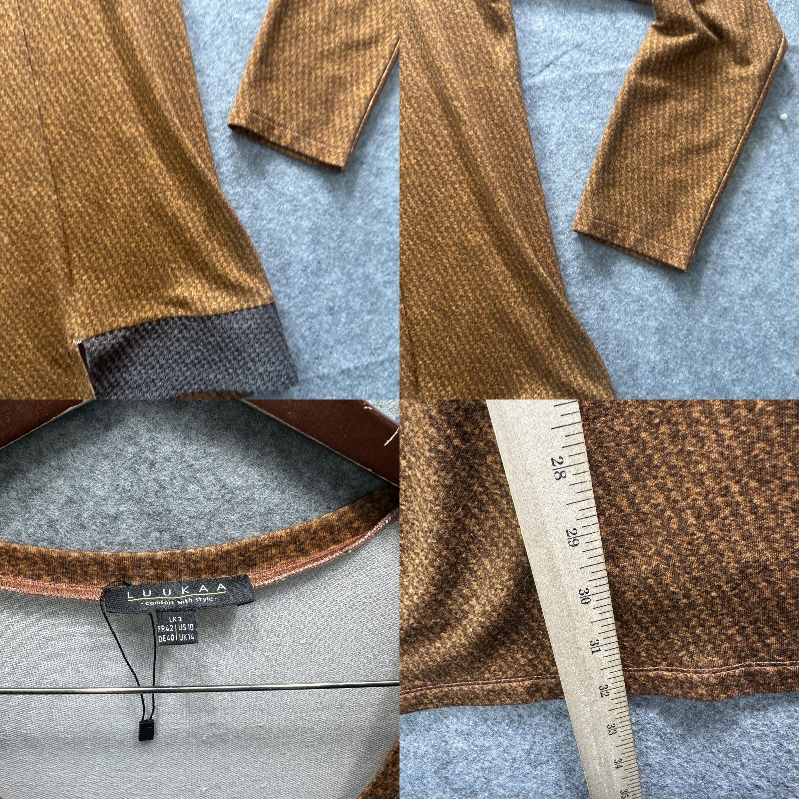 Vintage Luukaa Shirt Womens 10 Brown Cinnamon V Neck Tunic Long Sleeve Stretch Geometric Size L / US 10 / IT 46 - 8 Thumbnail