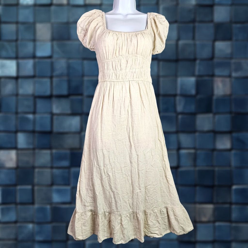 Vintage SIM & SAM Women's Midi Dress S Cream Boho Puff Sleeve Smocked Cottagecore Midi Dress Women's XS S M L Size S / US 4 / IT 40 - 1 Thumbnail