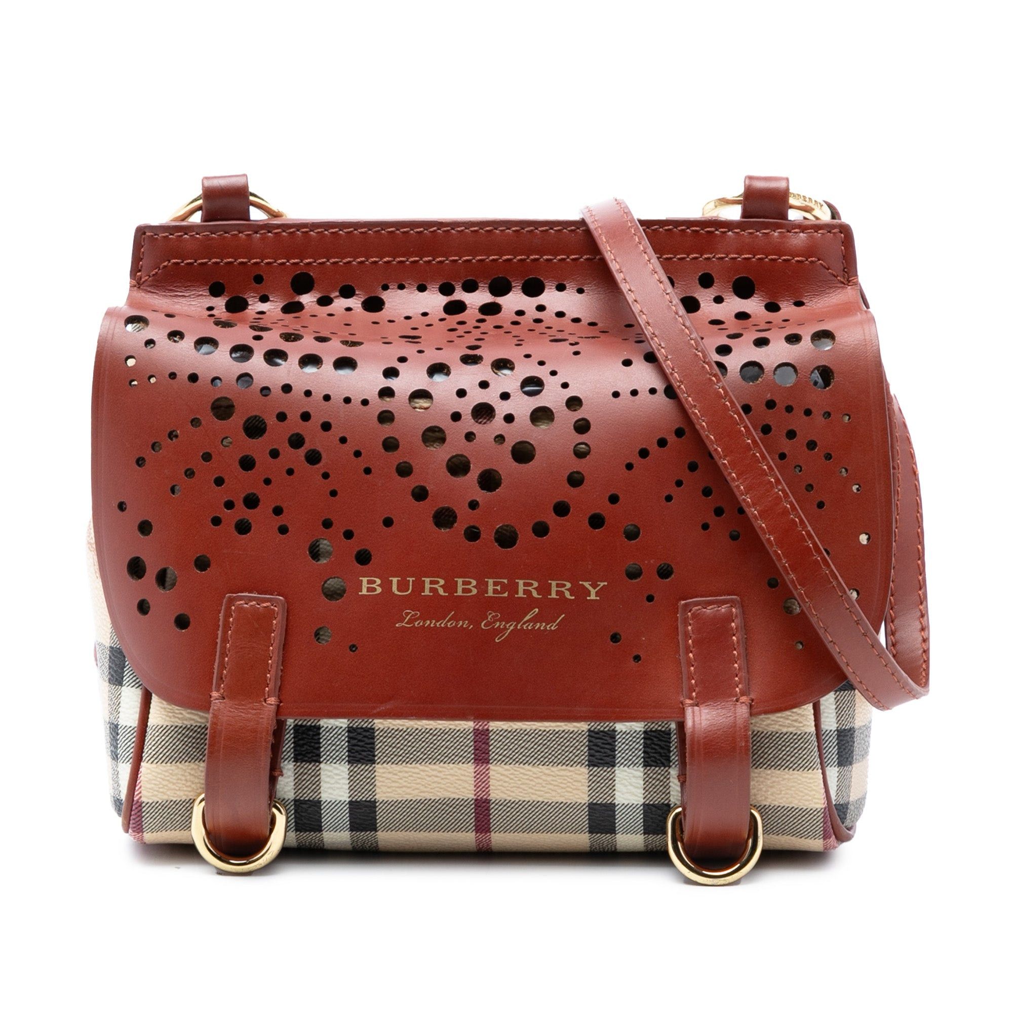 Burberry Baby Haymarket Check Coated Canvas and Perforated Leather Bridle Crossbody Size ONE SIZE - 1 Thumbnail