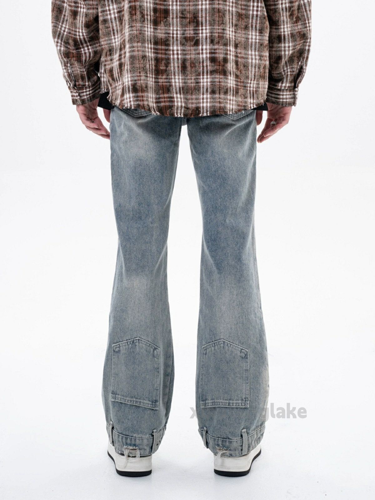 washed faded function patchwork cargo flared jeans