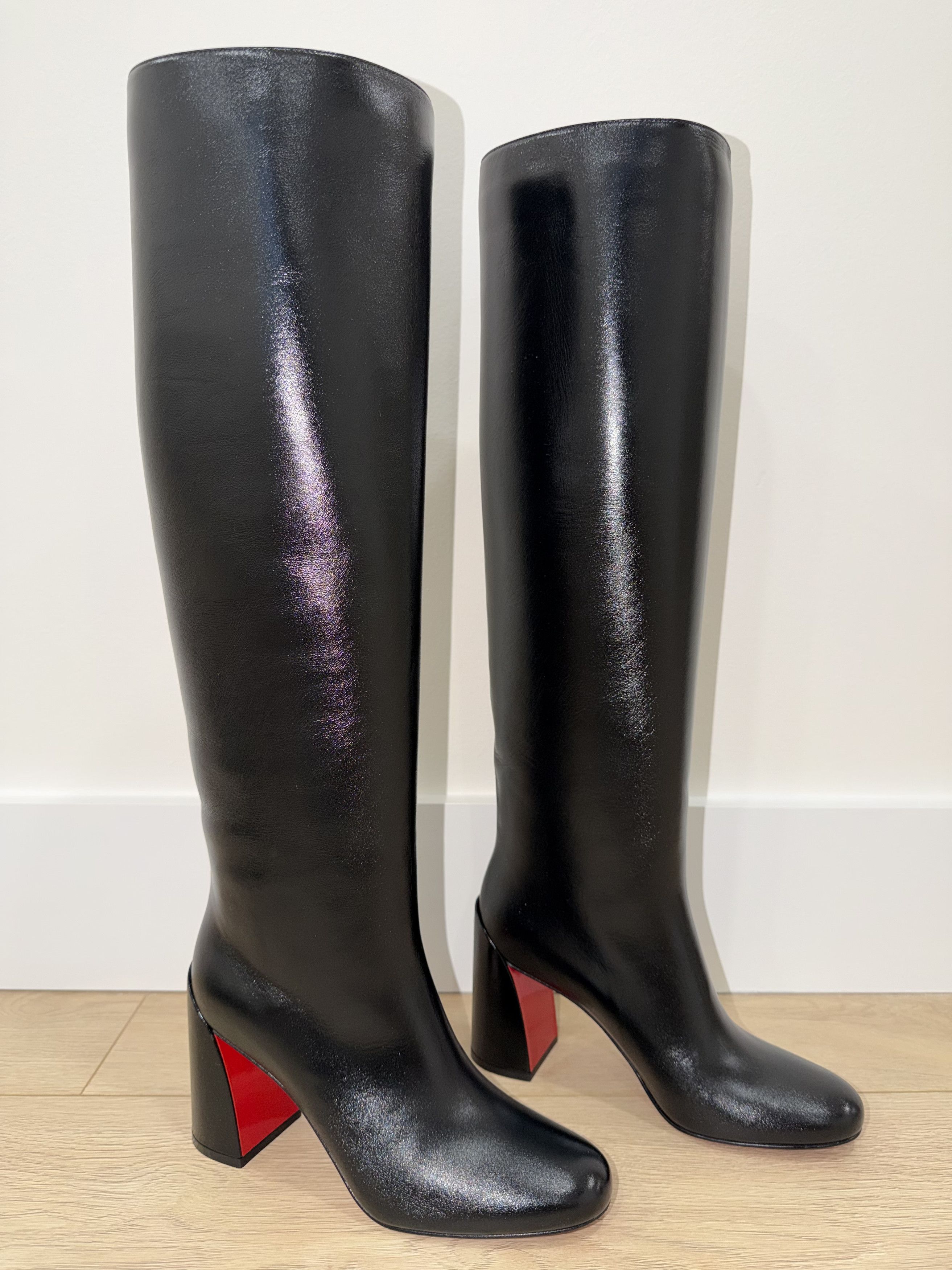 Janitta 85 Black Leather Knee High Block Heel Boot 38.5