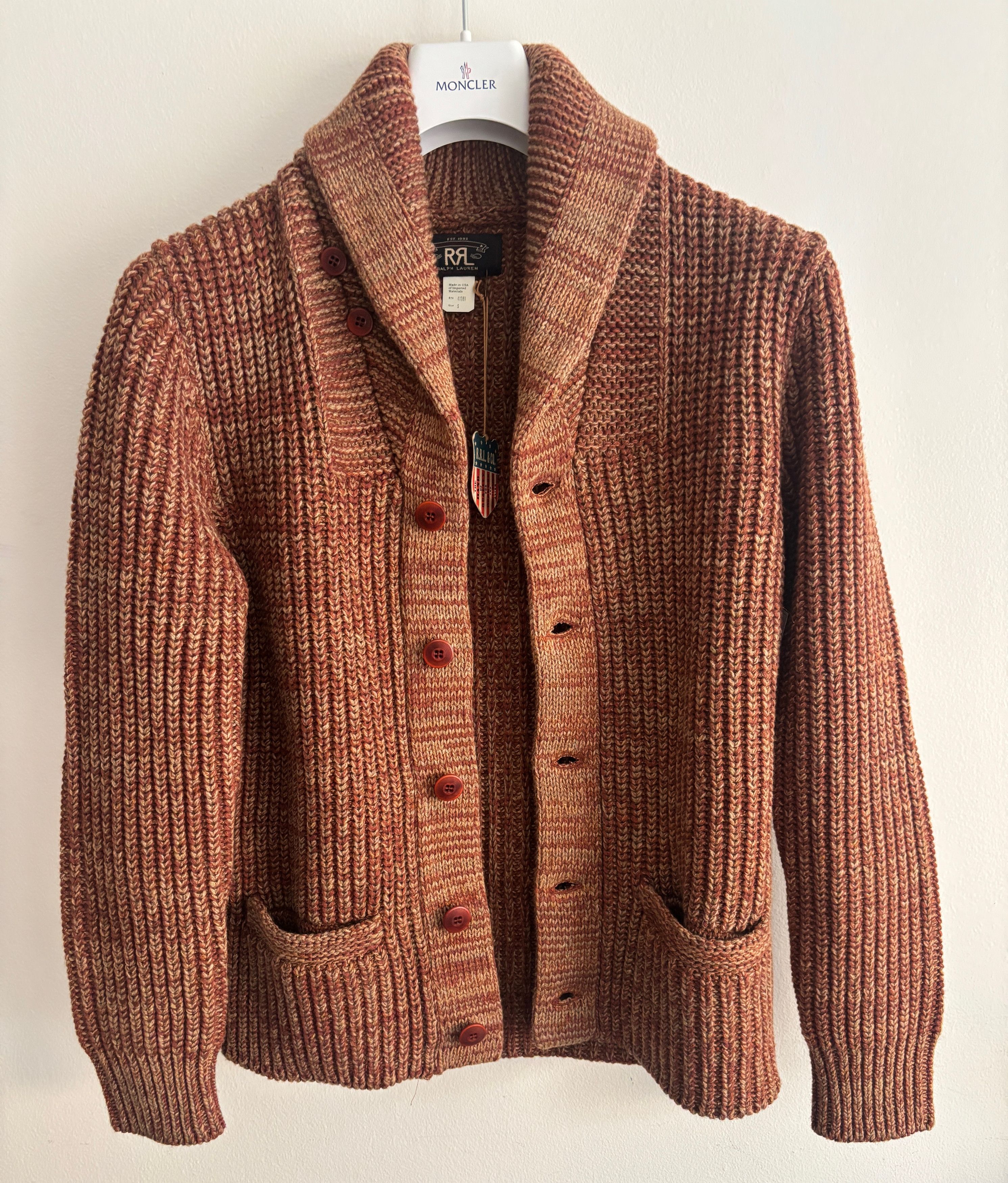 RRL Ralph Lauren BNWT Thick Rust Marl Wool Cotton Shawl Collar Cardigan MiUSA Size US S / EU 44-46 / 1 - 12 Thumbnail