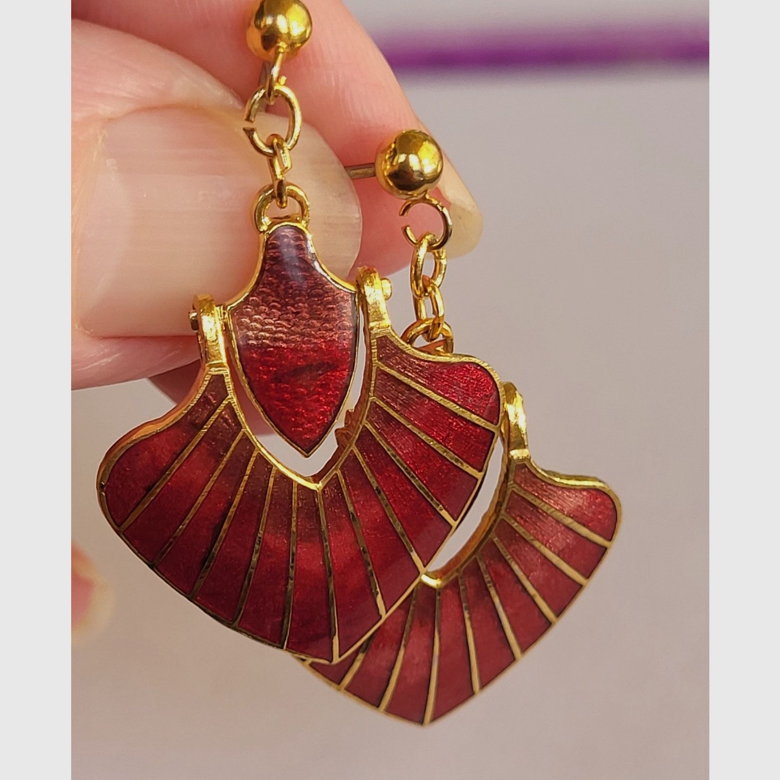 Other Jon St Paul Earrings Vintage Red Enamel Fan Art Deco Dangle Size ONE SIZE - 4 Thumbnail