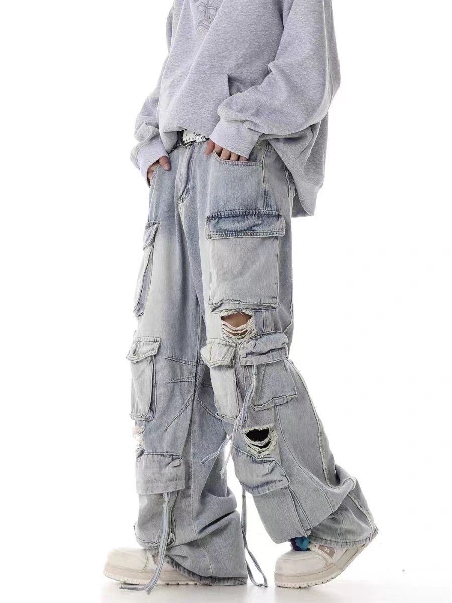 Street hip-hop washed and ripped heavy duty work jeans