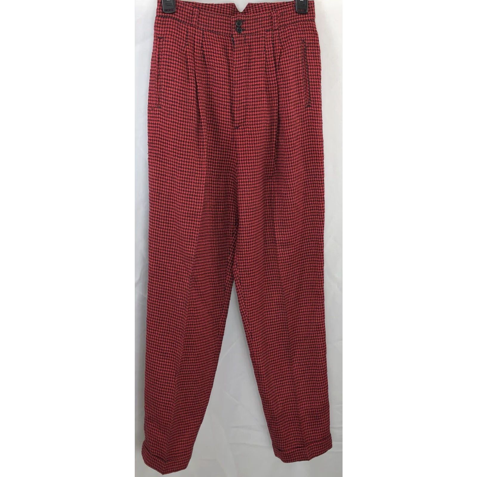 ESPIRIT VINTAGE EZ Spirit Pants 8 Red Black Houndstooth Plaid 26"W Tapered Leg Cuff 80s 90s Womens Pants Women Size 30" / US 8 / IT 44 - 4 Thumbnail