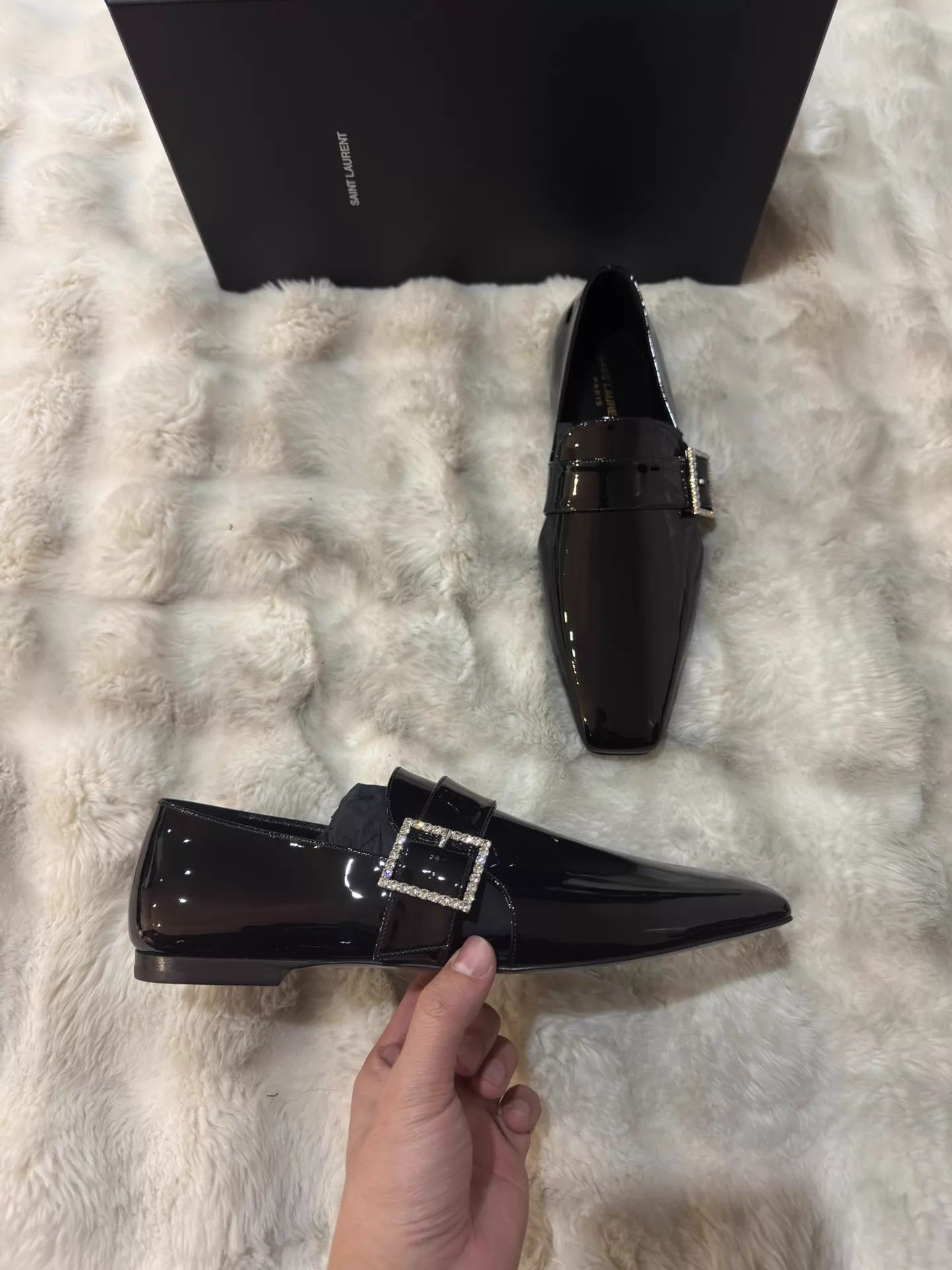Yves Saint Laurent YSL Crystal Square Buckle Lacquer Leather Loafer 42 Size US 9 / EU 42 - 3 Thumbnail