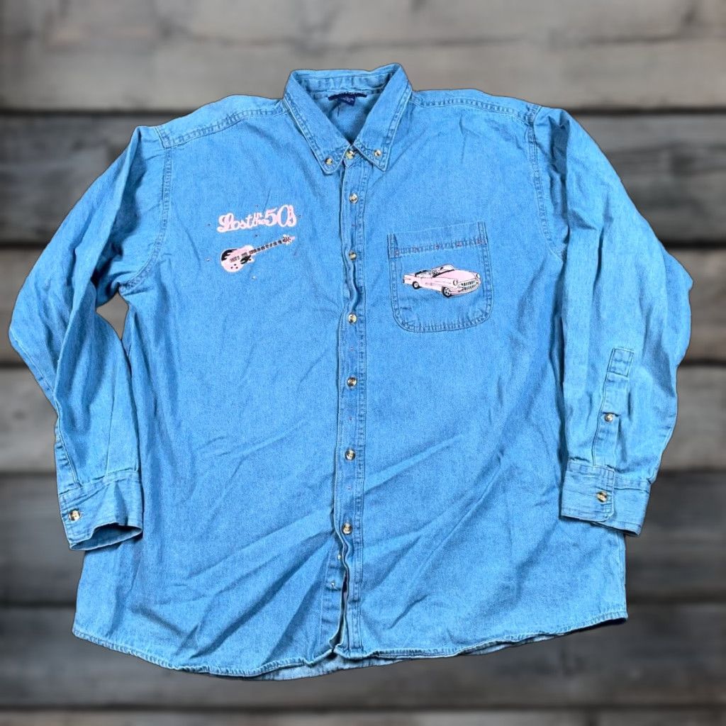 Denime VINTAGE Lost in 50s Embroidered Denim Shirt Adult XL Blue Button-Up Casual Mens Size US XL / EU 56 / 4 - 1 Thumbnail