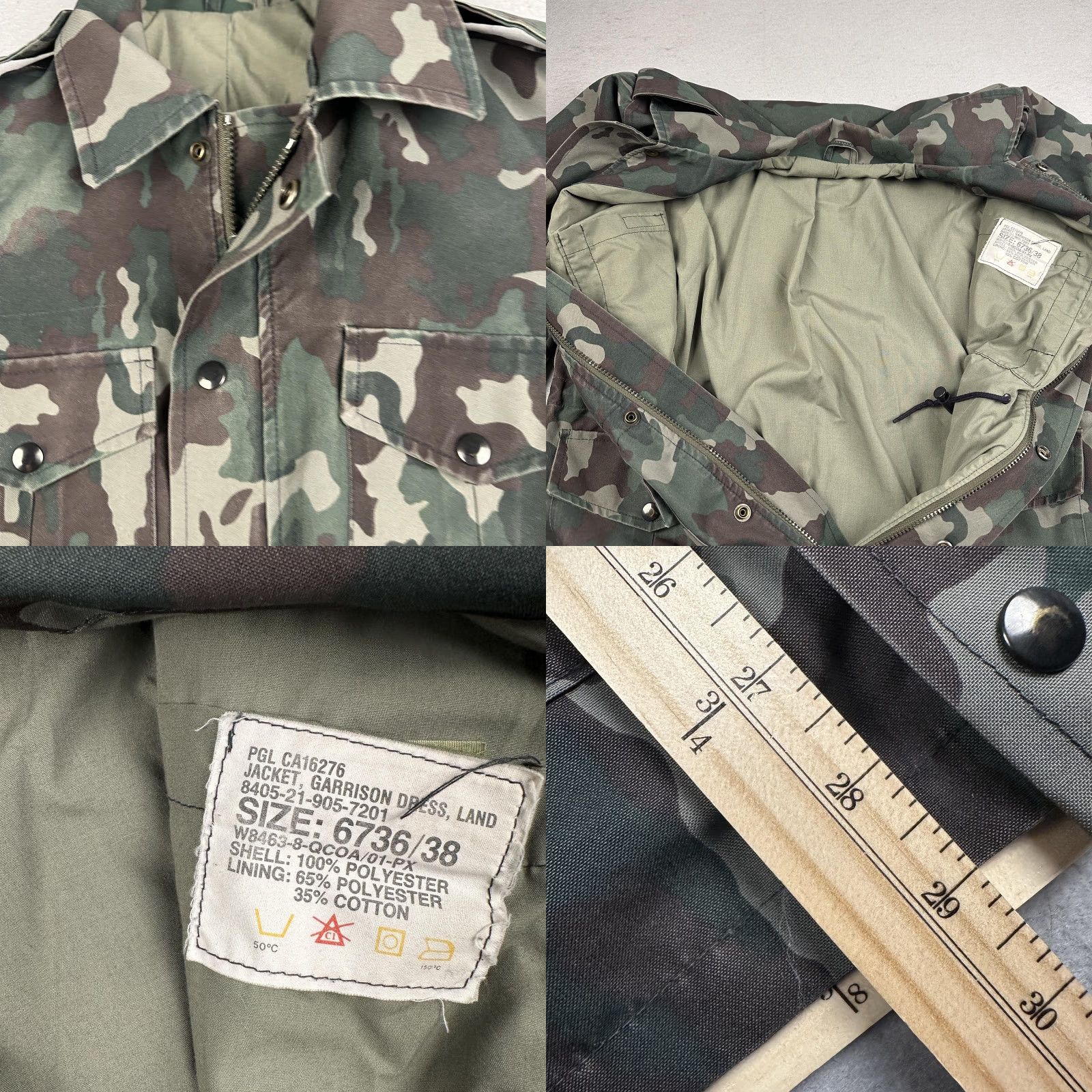 VINTAGE Military Jacket Mens Camouflage Garrison Dress Land PGL Polyester 38 Regular Green Camouflage Coat with Pockets Full Zip Lined Army Style Mens