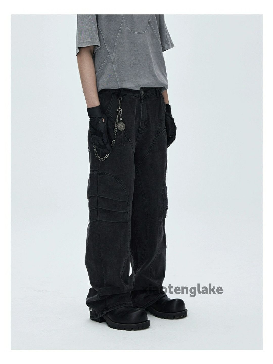 loose biker cargo patchwork washed faded jeans