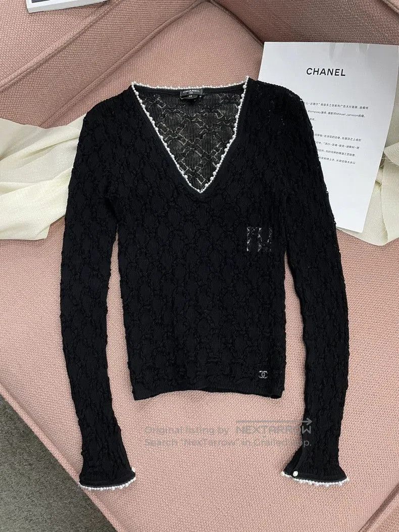 Chanel Black Pearl V-Neck Knit Top.