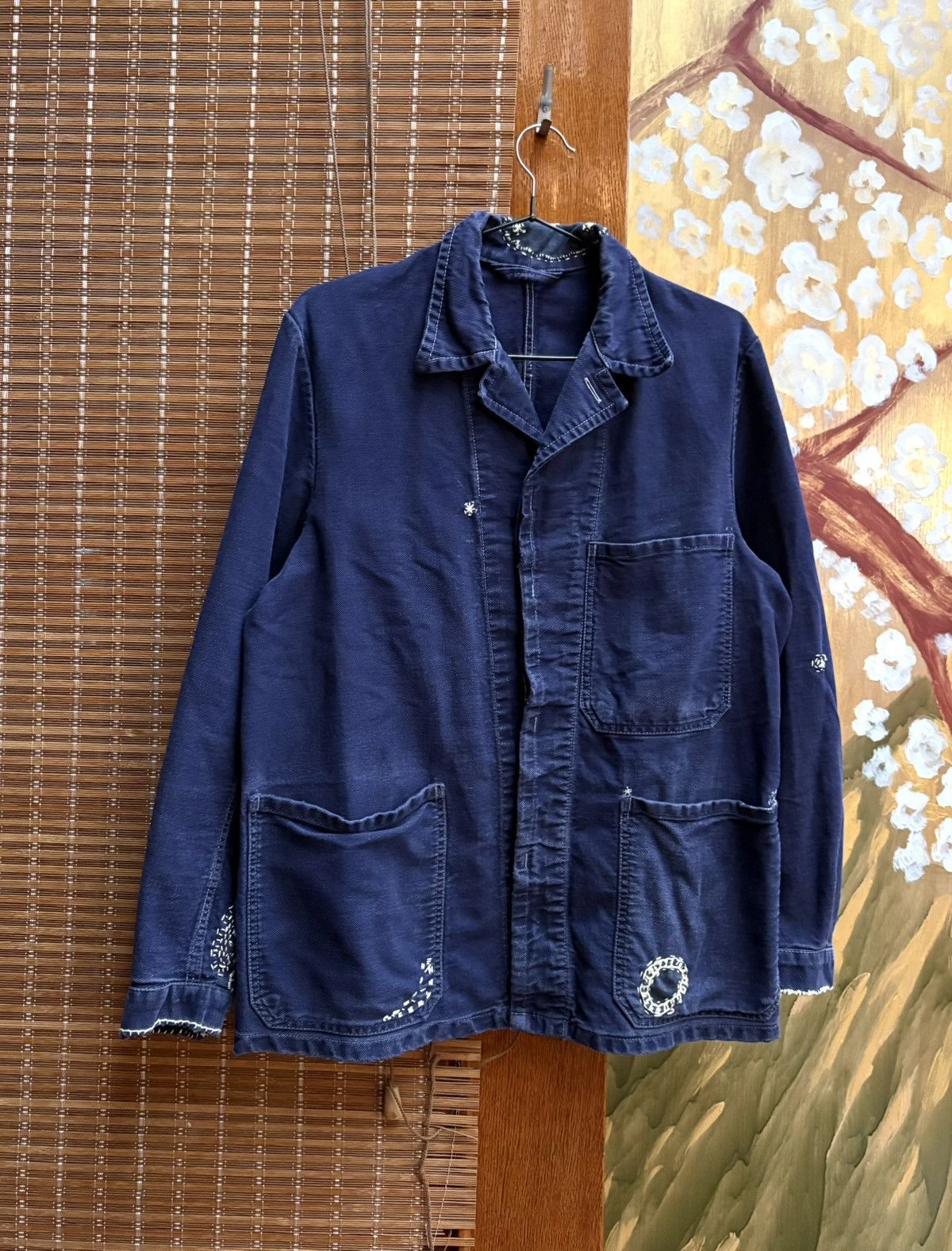 Vintage Vintage Repaired Work Jacket Chore Faded Navy Cotton Twill Size US S / EU 44-46 / 1 - 1 Thumbnail