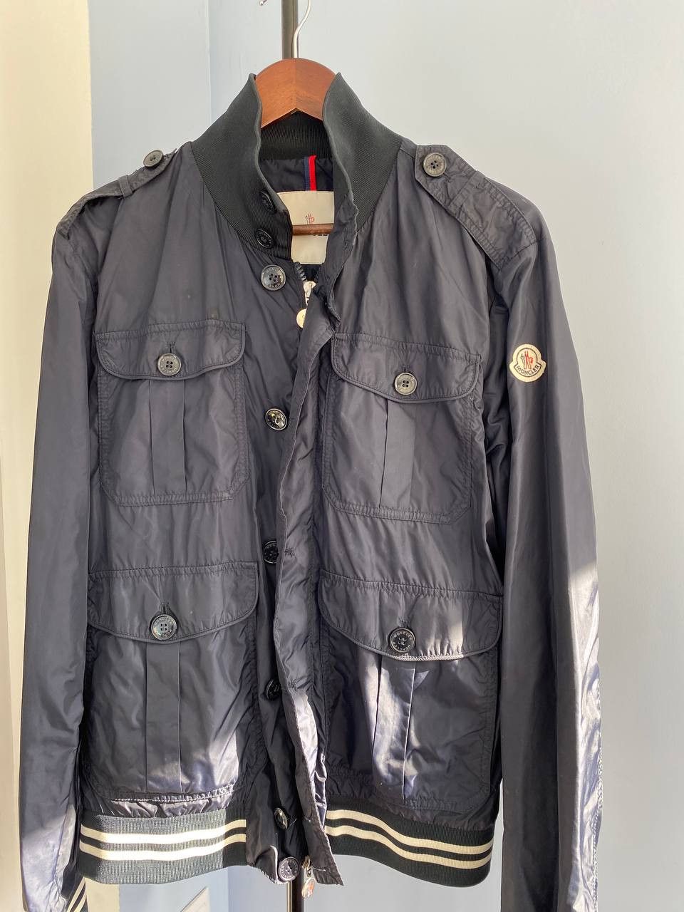 image of Moncler Delonix Windbreaker Bomber Jacket Coat in Blue, Men's (Size XL)