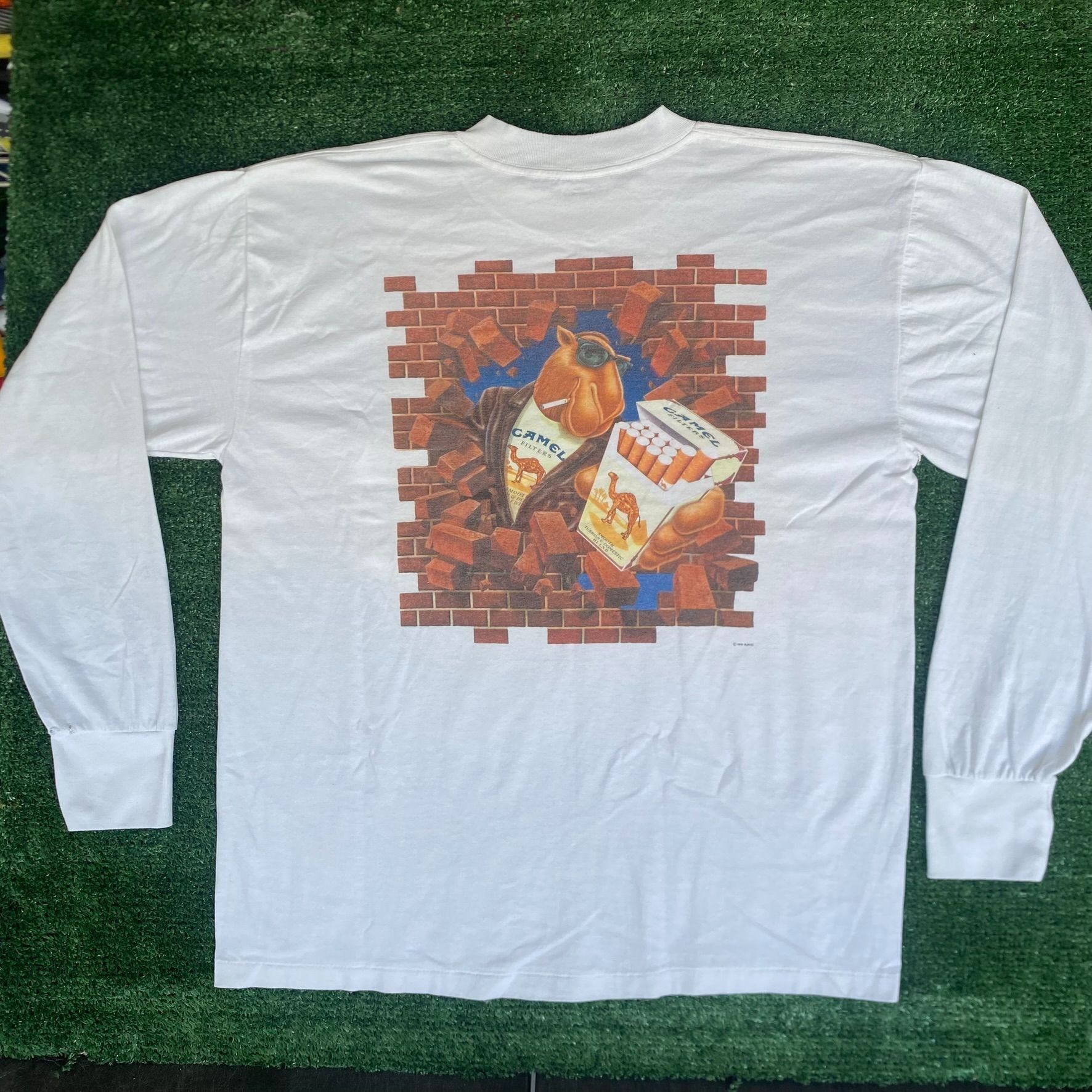 image of 90's Joe Camel Shirt Long Sleeve Logo Cigarette Tee in White, Men's (Size Large)