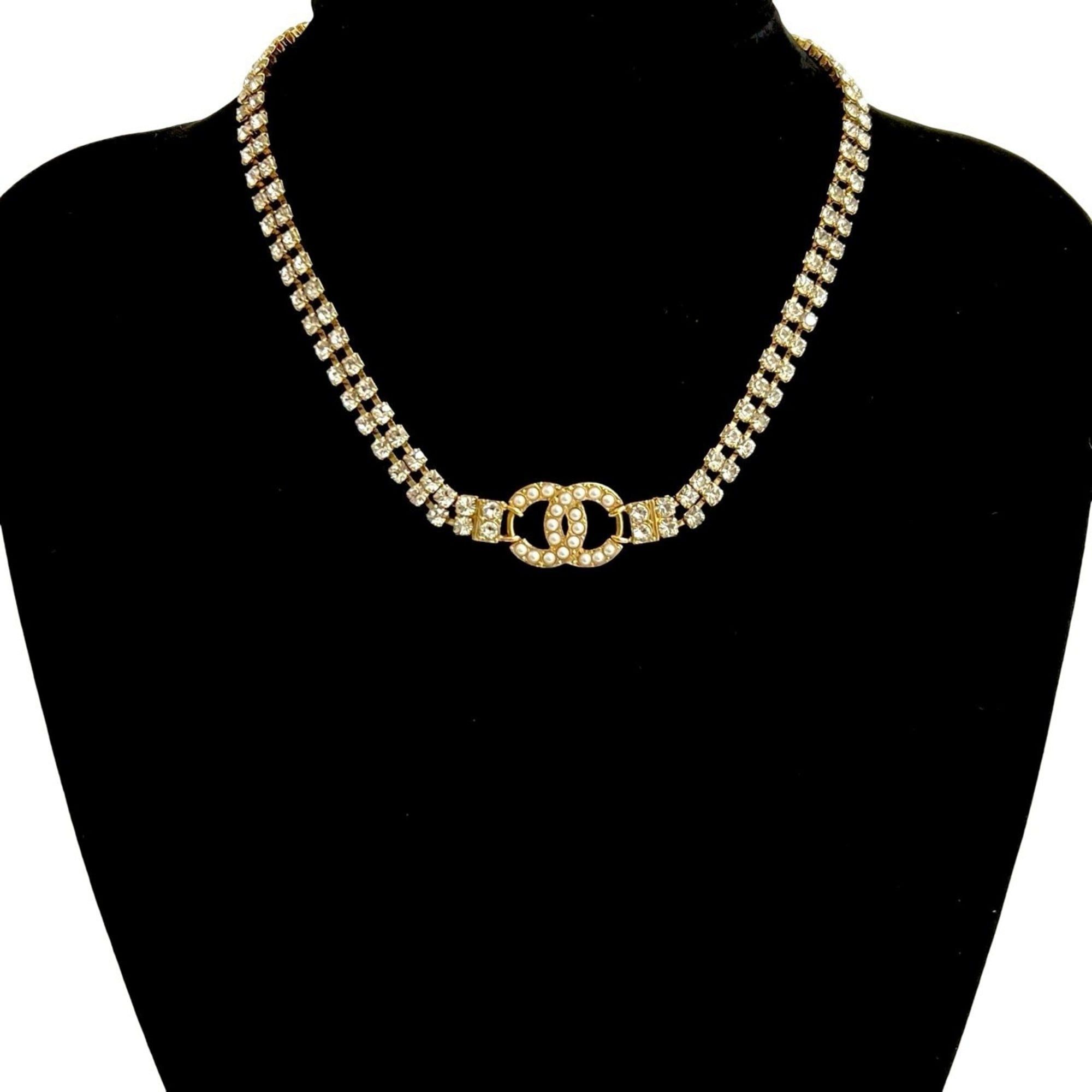 Chanel CHANEL Coco Mark GP Rhinestone and Faux Pearl Necklace Choker Gold 10627 Size ONE SIZE - 1 Thumbnail