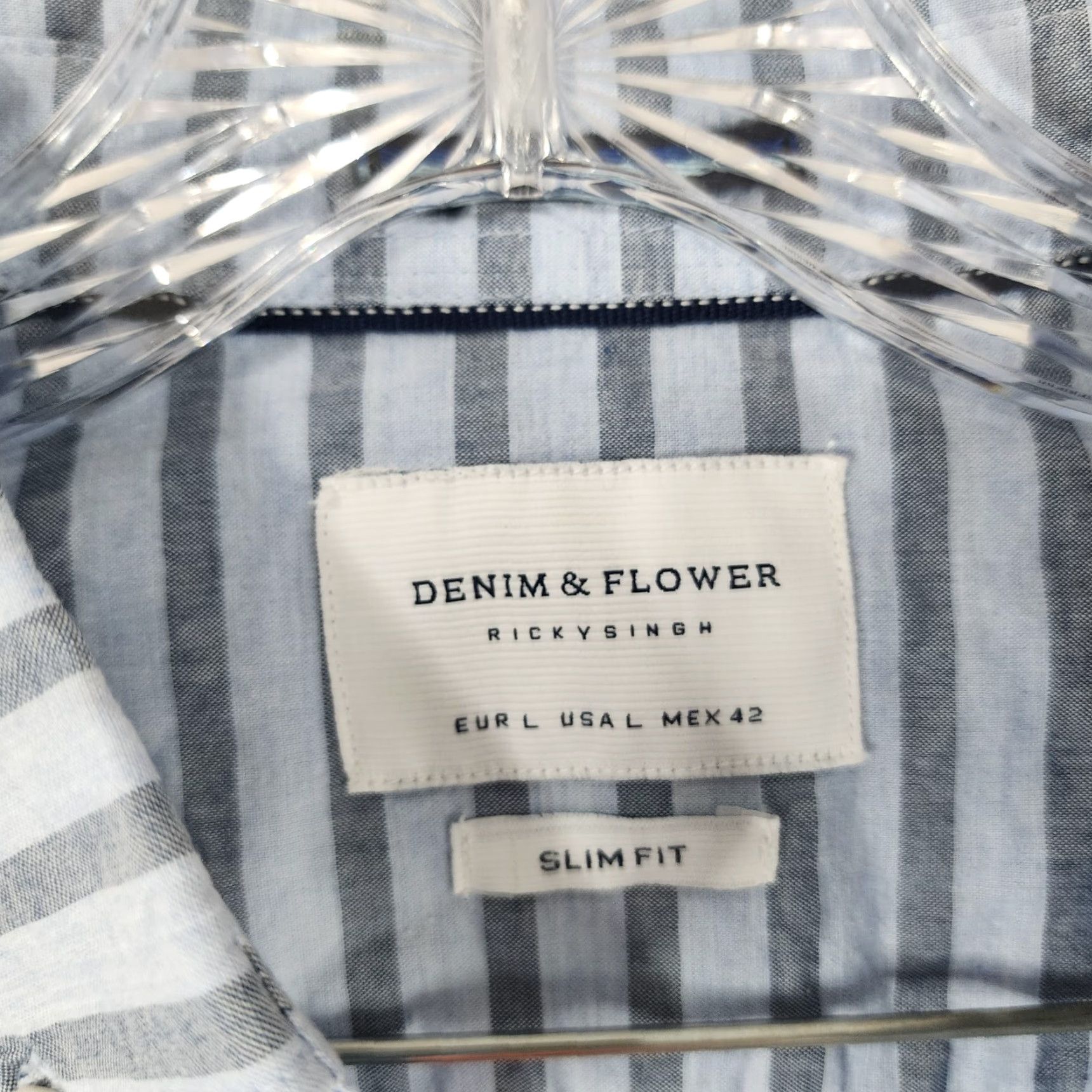 Denime DENIM & FLOWER Shirt Men Blue Striped Short Sleeve Button-Up Size L Regular Floral Theme Size US 33 - 5 Thumbnail
