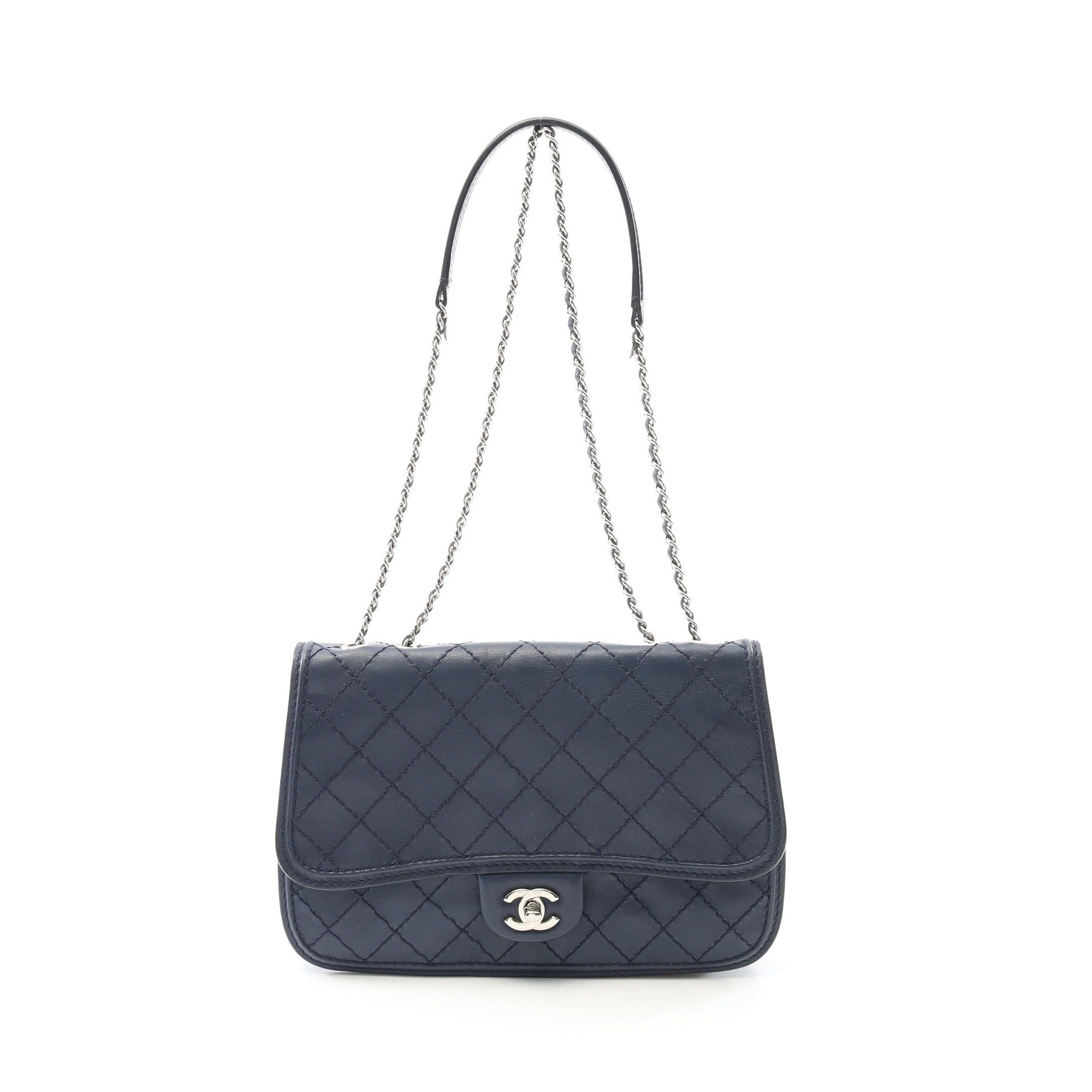 Chanel Wild Stitch Chain Shoulder Bag Leather Navy Silver Hardware in Blue, Women's
