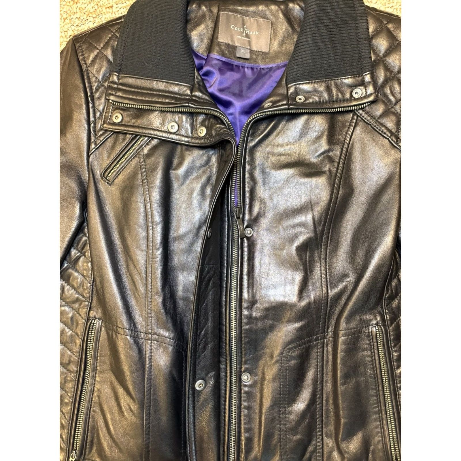 Cole Haan VINTAGE Cole Haan Leather Coat Womens XL Black Mid-Length Slim Lined Zip Button 90s Retro Bomber Jacket Size XL / US 12-14 / IT 48-50 - 7 Thumbnail