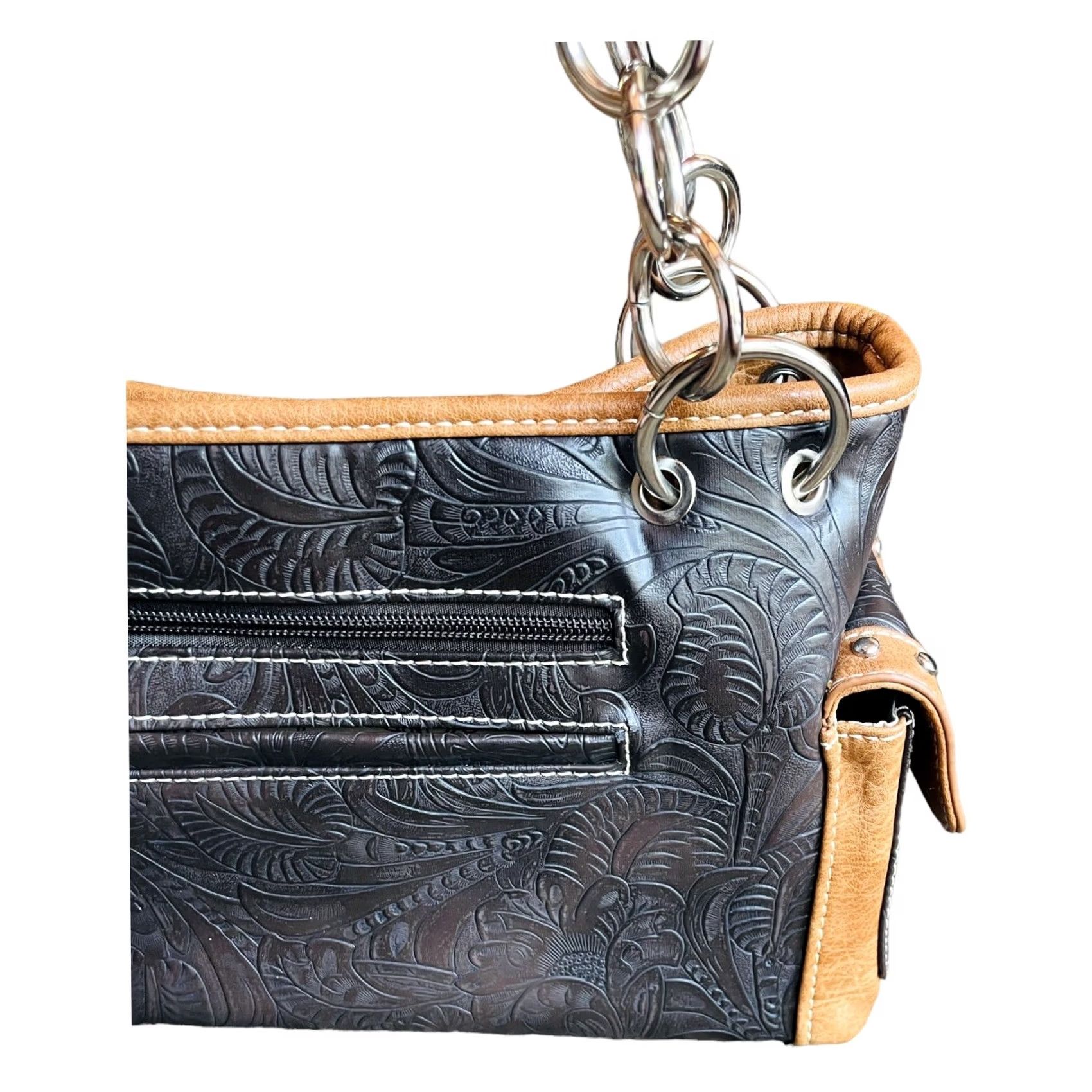 Vintage VINTAGE? No — Montana West Shoulder Bag Women's Purse Black Faux Leather Concho Collection Modern 13in 8in 5in Zip Inner Pockets Fringe Leather Strap Size ONE SIZE - 7 Thumbnail