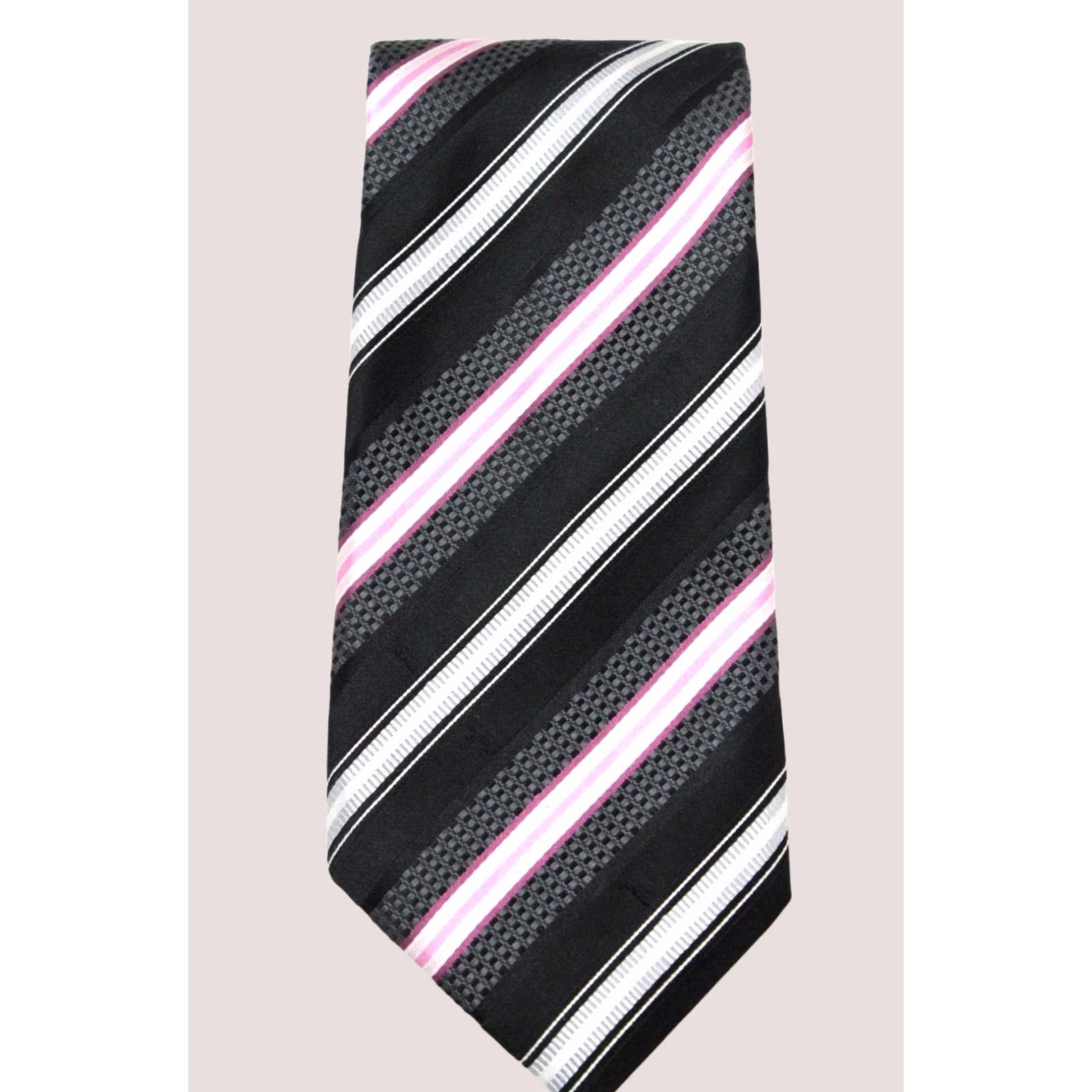 Vintage JZ Richards Silk Necktie Mens Tie Black Silver Stripe Hand Made Office Stylish Designer Size ONE SIZE - 1 Thumbnail