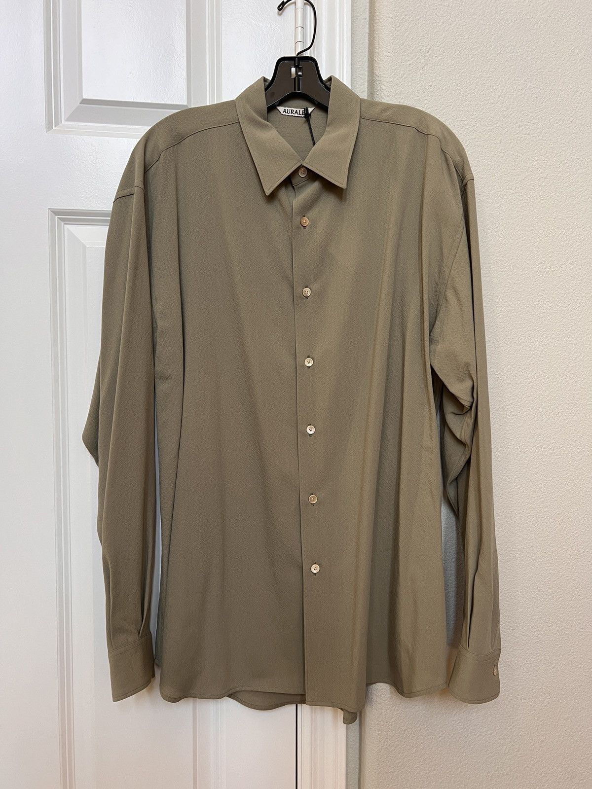 image of Auralee Light Khaki Wool Viyella Shirt Size 5, Men's