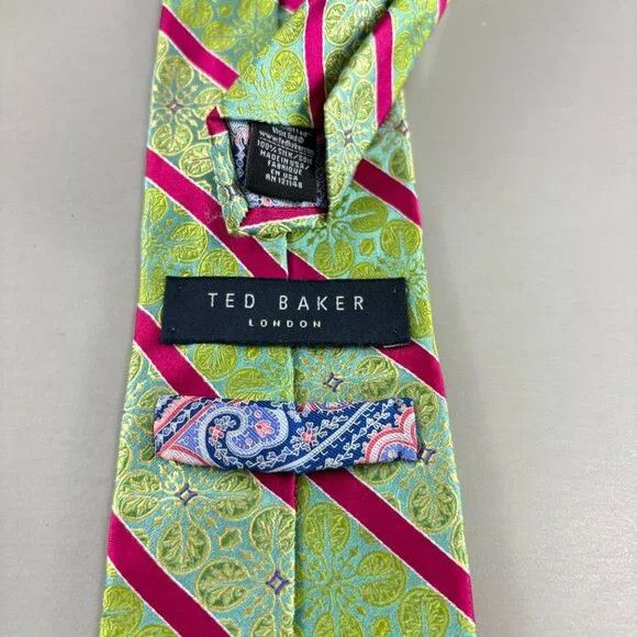Ted Baker Ted Baker Lt. Green Flowers / Pink Striped Men's Long Tie Size ONE SIZE - 3 Thumbnail