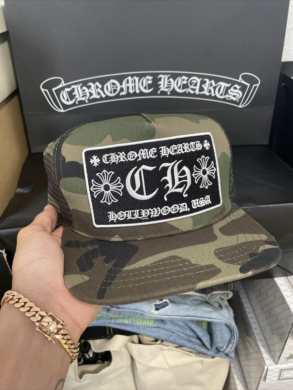 Pre-owned Chrome Hearts Ch Hollywood Camo Trucker In Green