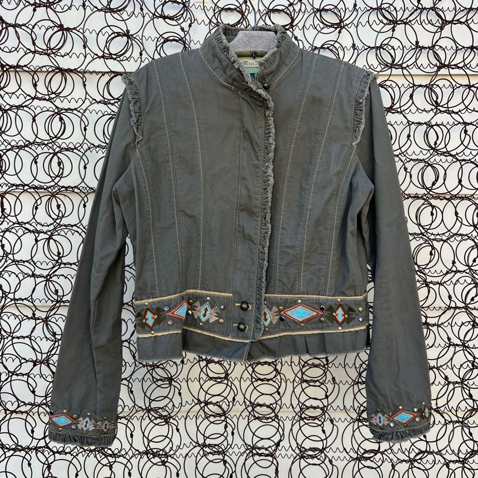 Miss Me Aztec Southwestern Stud Olive Canvas Military Jacket
