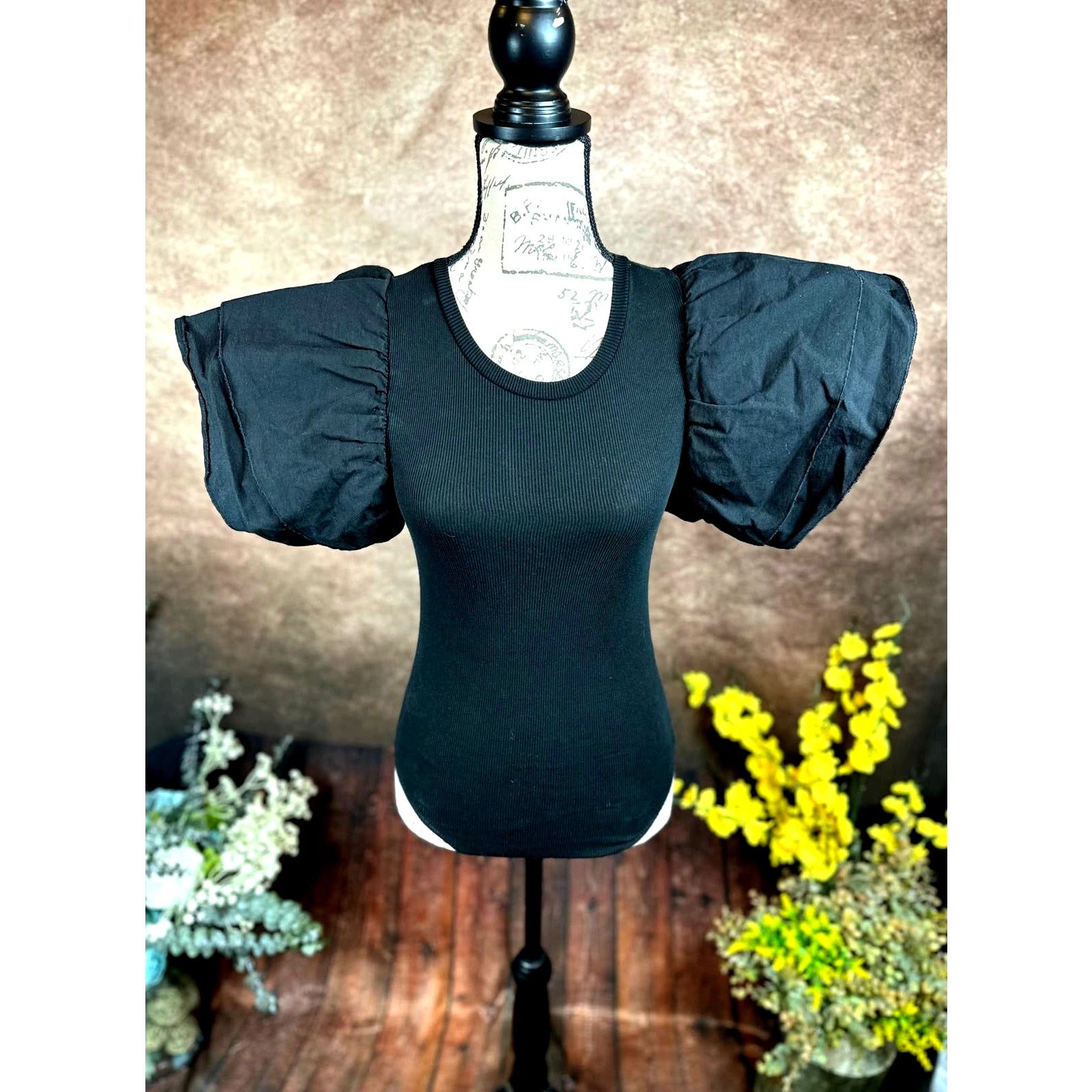 Zara Zara Puff Sleeve Ribbed Bodysuit - Black - size S Size S / US 4 / IT 40 - 8 Thumbnail