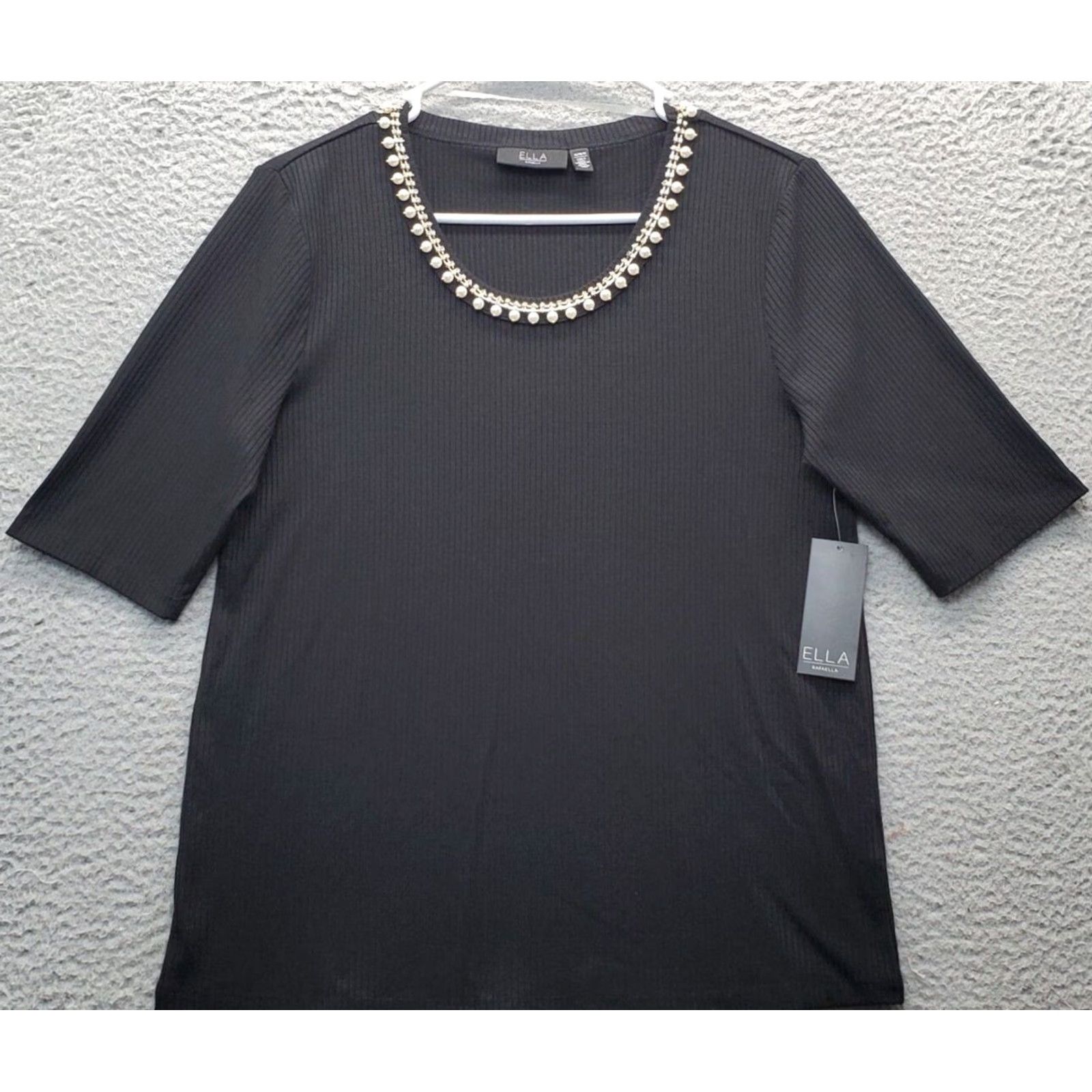 Vintage Ella Rafaella Blouse Womens Size M Black Elbow Sleeve Pearl Trim Pullover Short Sleeve Rib Pattern: Solid Shirt Size M / US 6-8 / IT 42-44 - 2 Thumbnail