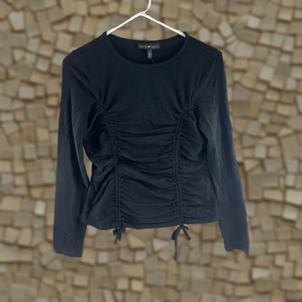 Vintage Derek Heart Shirt Ruched Medium Black Long Sleeve Cinch Drawstring Crewneck NWOT Ladies Shirt Size M / US 6-8 / IT 42-44 - 1 Thumbnail