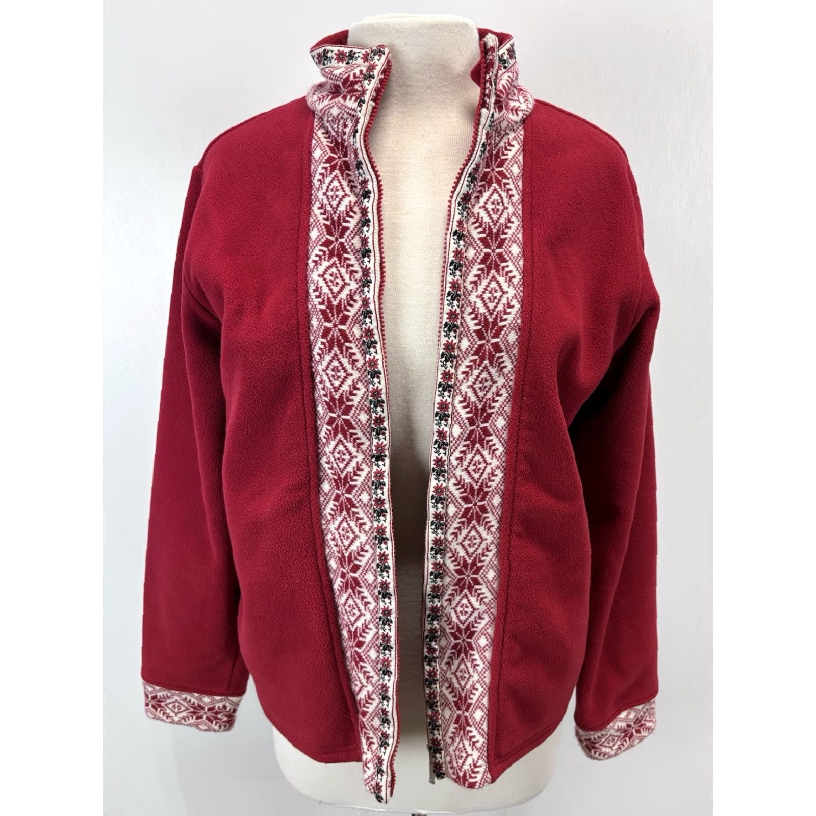 Vintage L.L. Bean Fair Isle Fleece Jacket Sz Large Women’s Red Full Zip Nordic Pockets Size L / US 10 / IT 46 - 6 Thumbnail