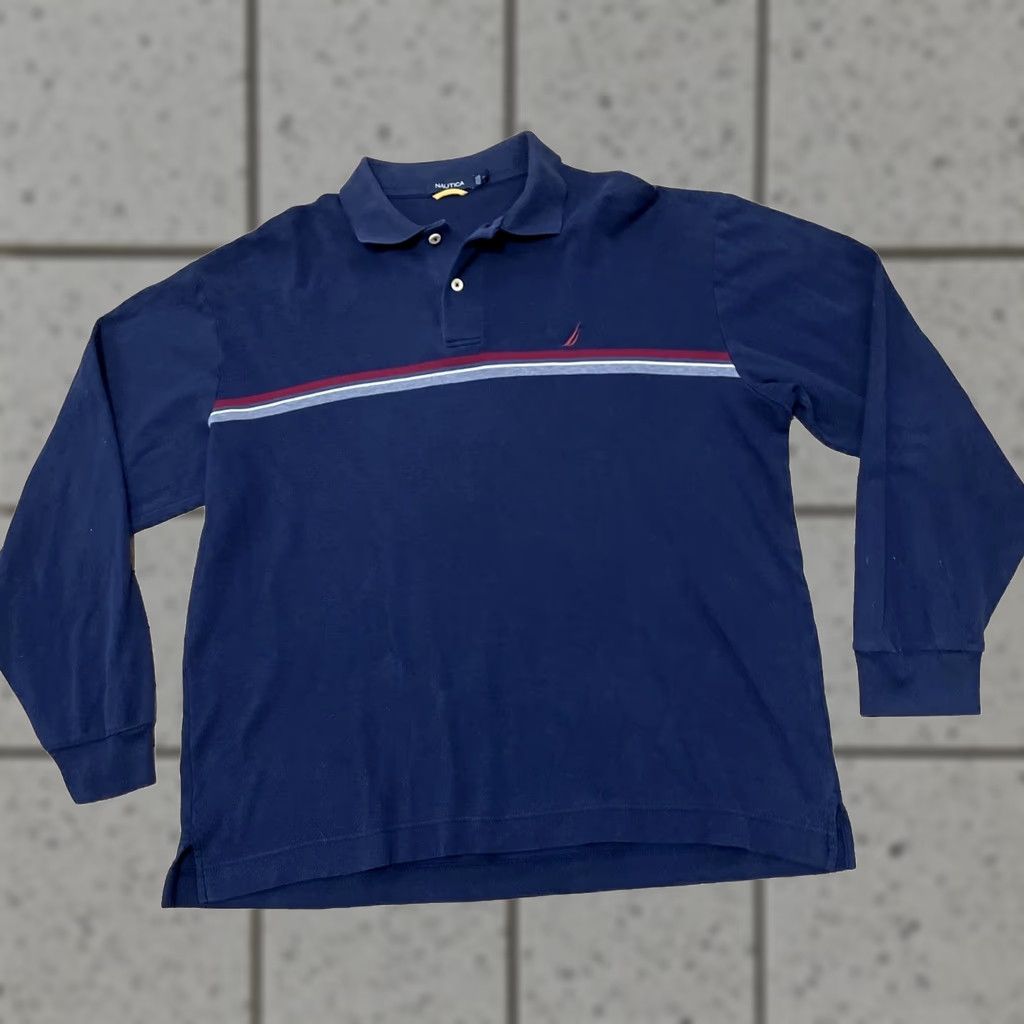 Nautica Nautica Polo Sweater Men XL Blue White Red Y2K CenterStripe Preppy Quarter Rugby Shirt Sweater Size US XL / EU 56 / 4 - 1 Thumbnail