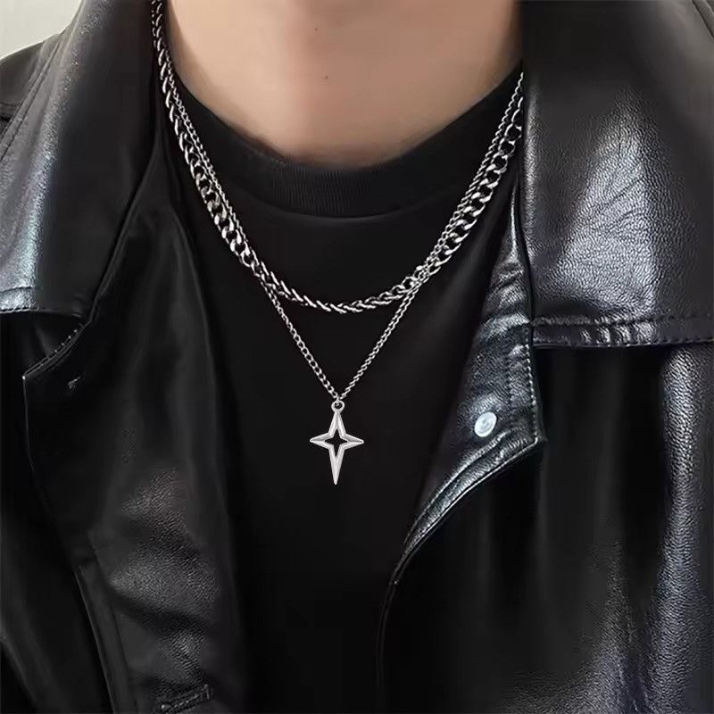 Jewelry Double Layered Cuban Star Necklaces in Silver, Men's