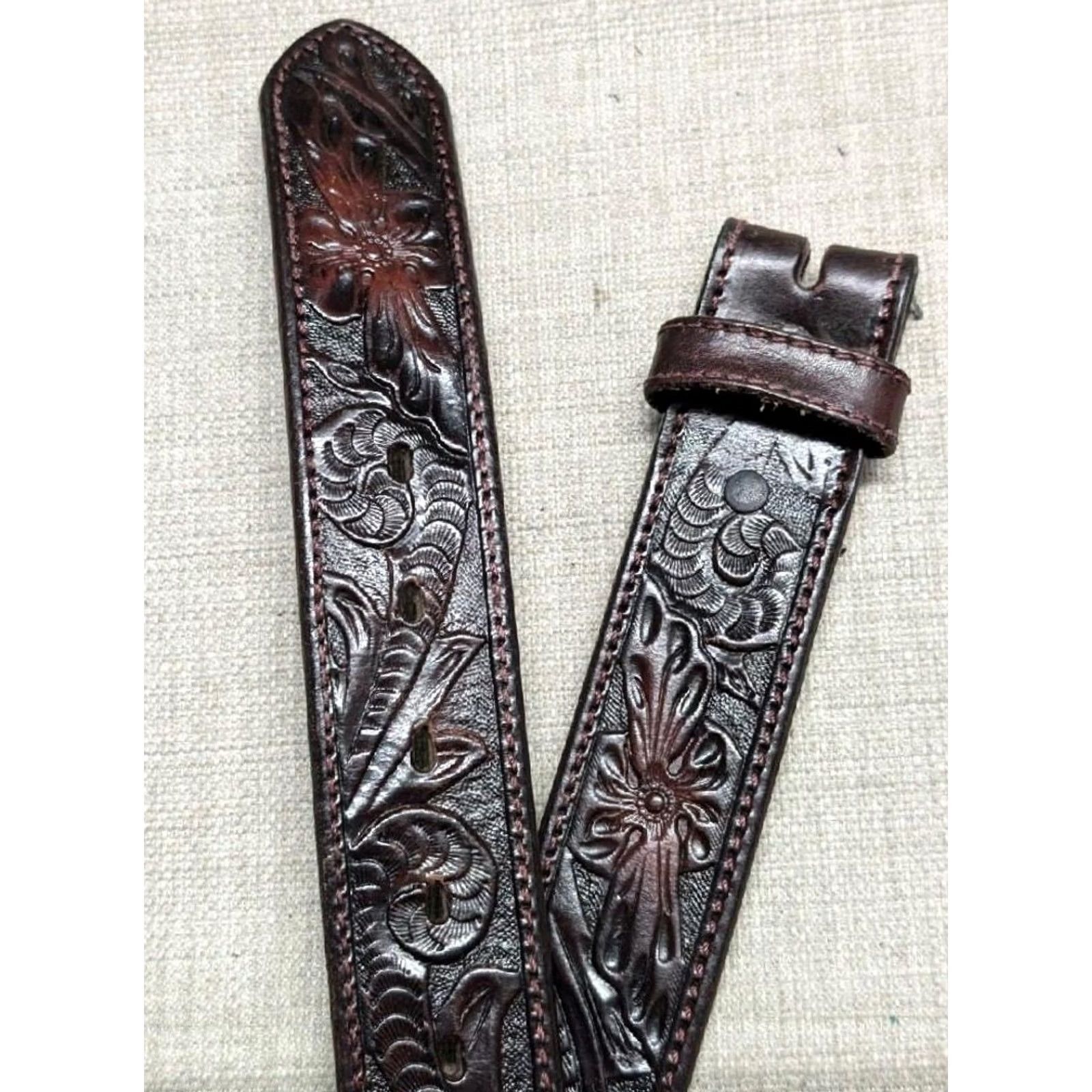 Vintage VINTAGE Resistol belt Tooled brown cowhide leather Western Belt 42 Men Belt Buckle 1-1/2" width Size 42 - 2 Thumbnail