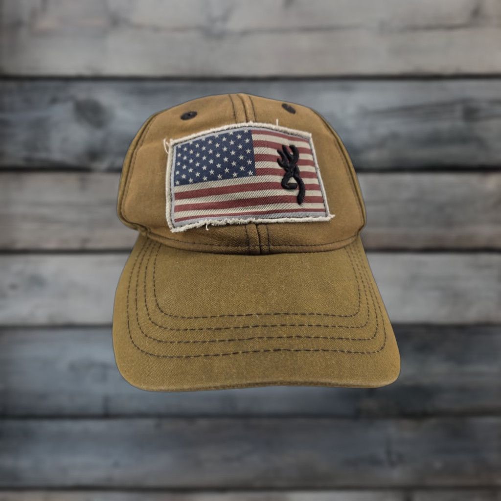 Vintage Browning Hat Cap Strap Back Brown American Flag Patch Embroidered Canvas Mens Baseball Cap Adjustable Strap Back USA Hunting Outdoor Patriotic Mens Size ONE SIZE - 1 Thumbnail