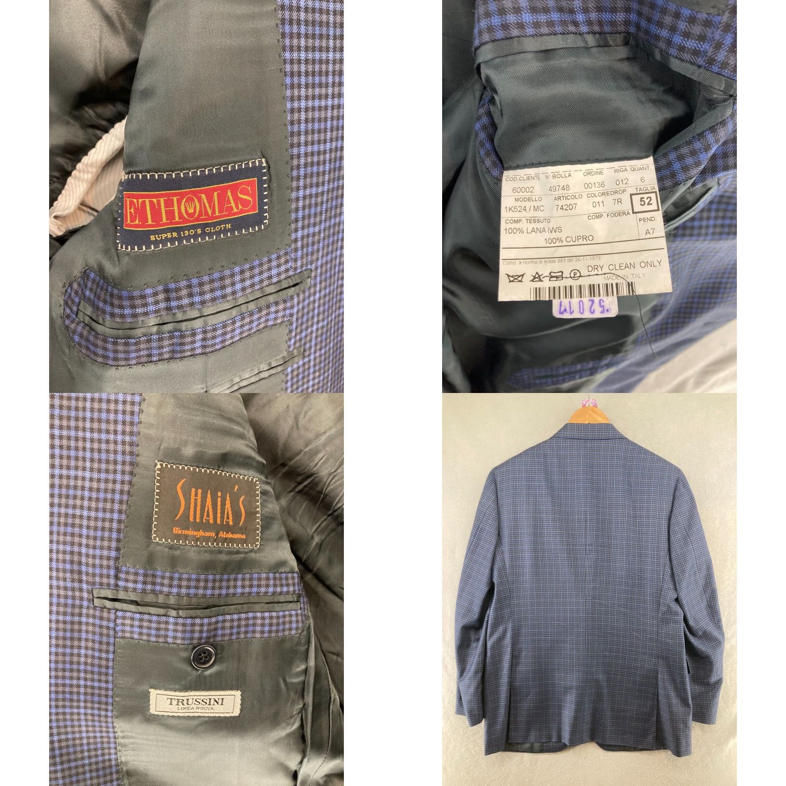 Vintage Trussini E Thomas Mens Suit Jacket 42 Blue Plaid - 90s Business Notch Lapel, Single-Breasted, Blue, 42, Regular, Mens, Italy Made Size 42R - 8 Thumbnail