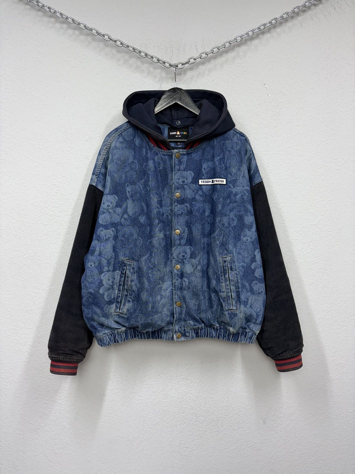 Teddy Fresh Teddy Fresh Denim Varsity Jacket Hybrid All-Over Bear Print Size US L / EU 52-54 / 3 - 13 Thumbnail