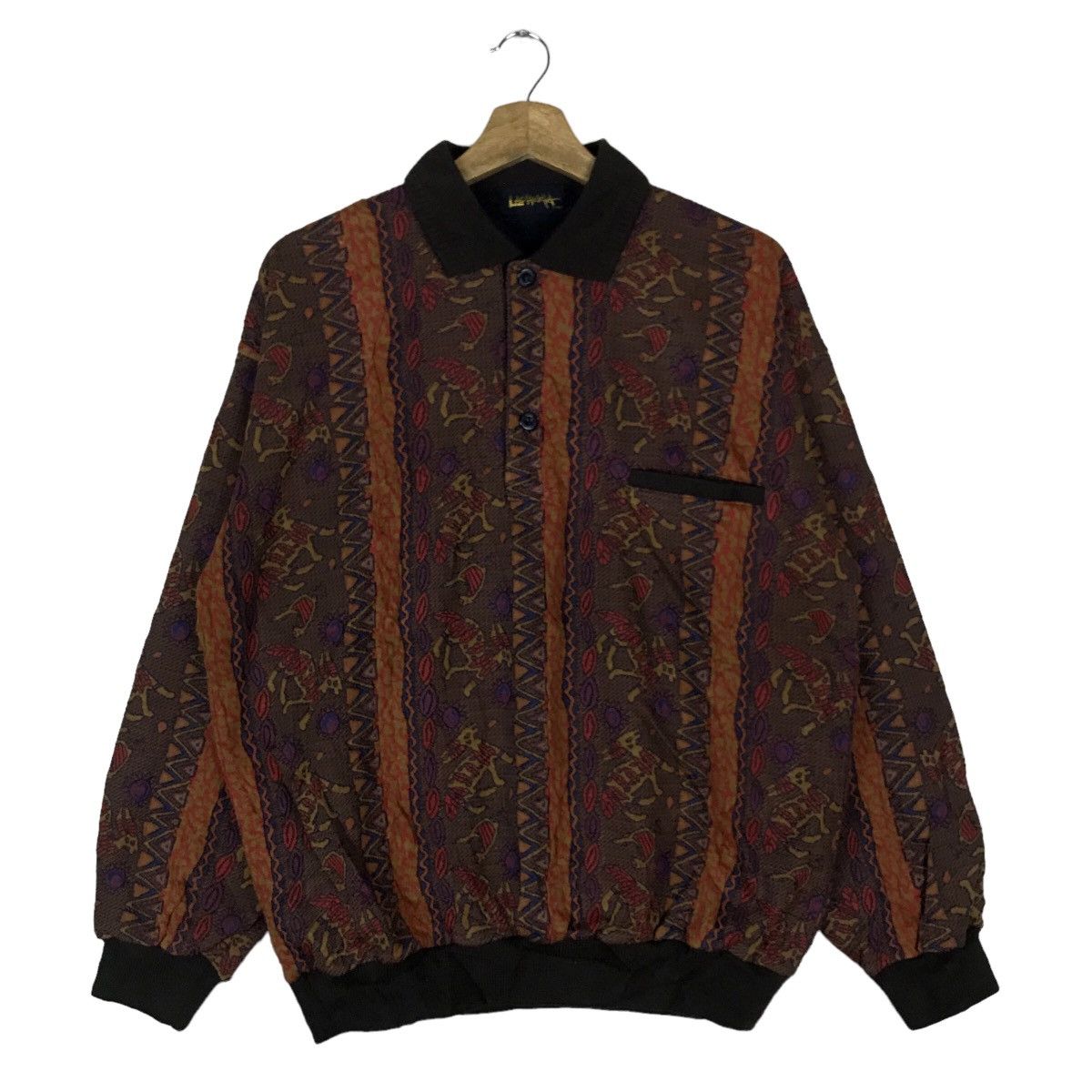 image of Vintage Lac’Avera Art Design Stripe Quarter Button Pullover in Brown/Orange, Men's (Size Medium)