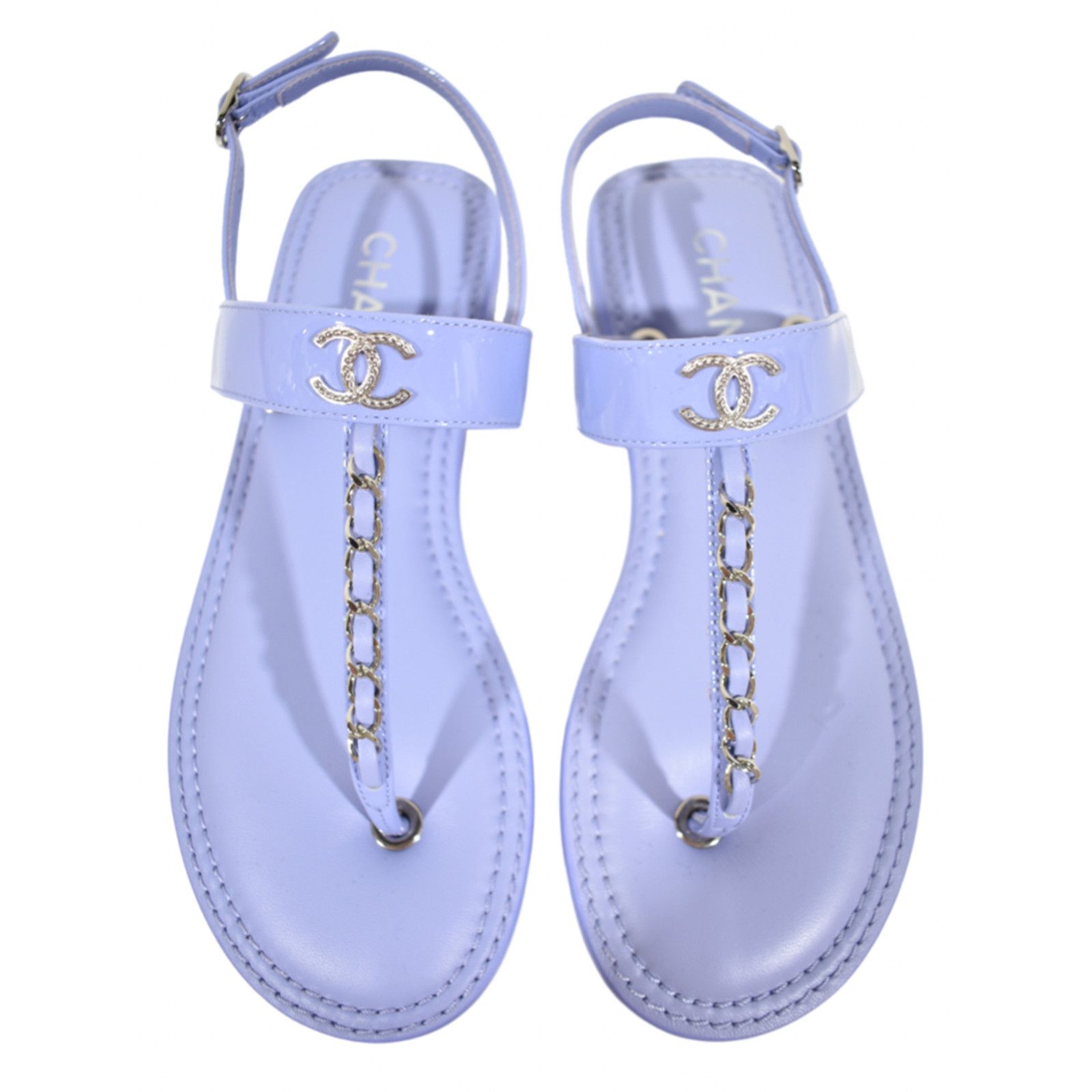 Chanel Chanel 22C Purple Patent Silver Chain CC Logo Mule Slide Size US 7 / IT 37 - 1 Thumbnail