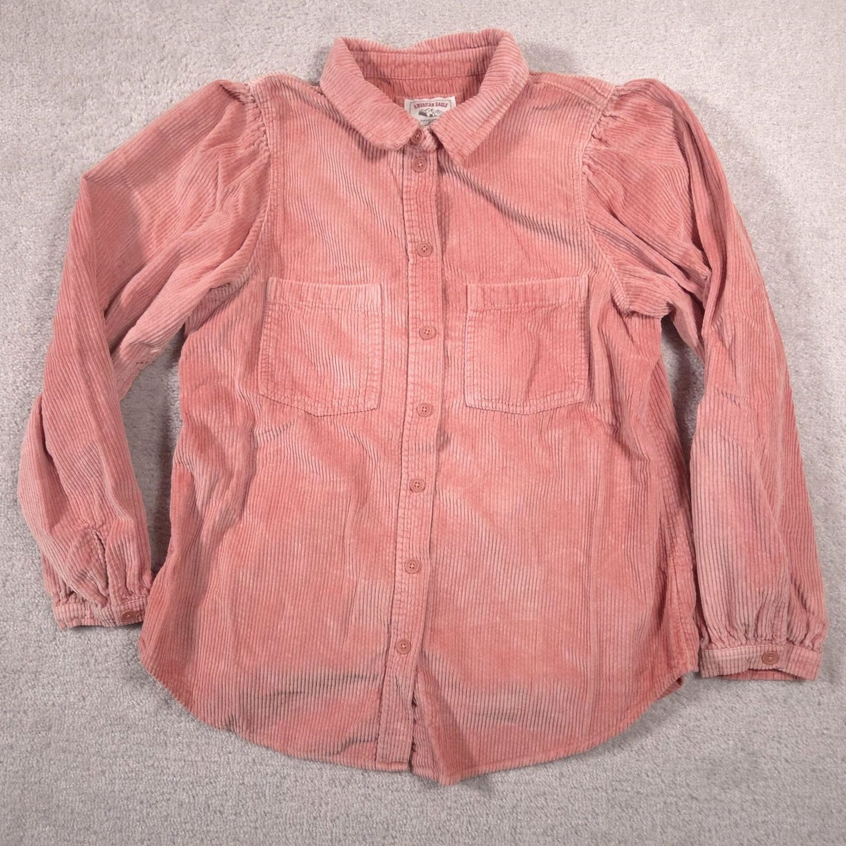 American Eagle Outfitters American Eagle Outfitters Button Up Shirt Womens M Pink Corduroy Puff Sleeve Size M / US 6-8 / IT 42-44 - 2 Thumbnail