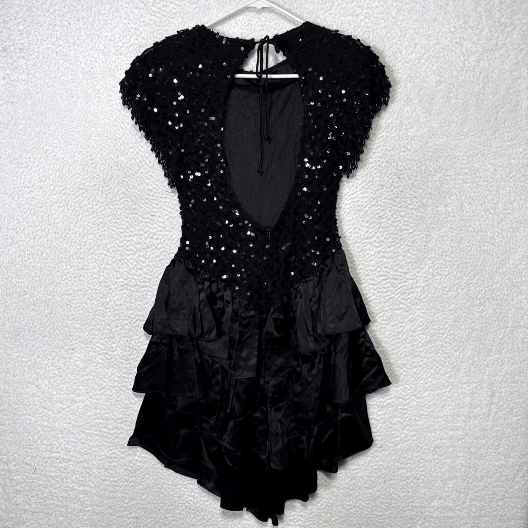Vintage VINTAGE 80s Zum Zum Mini Dress Black Satin Sequin Ruffled Formal Size 11/12 Womens Size L / US 10 / IT 46 - 3 Thumbnail