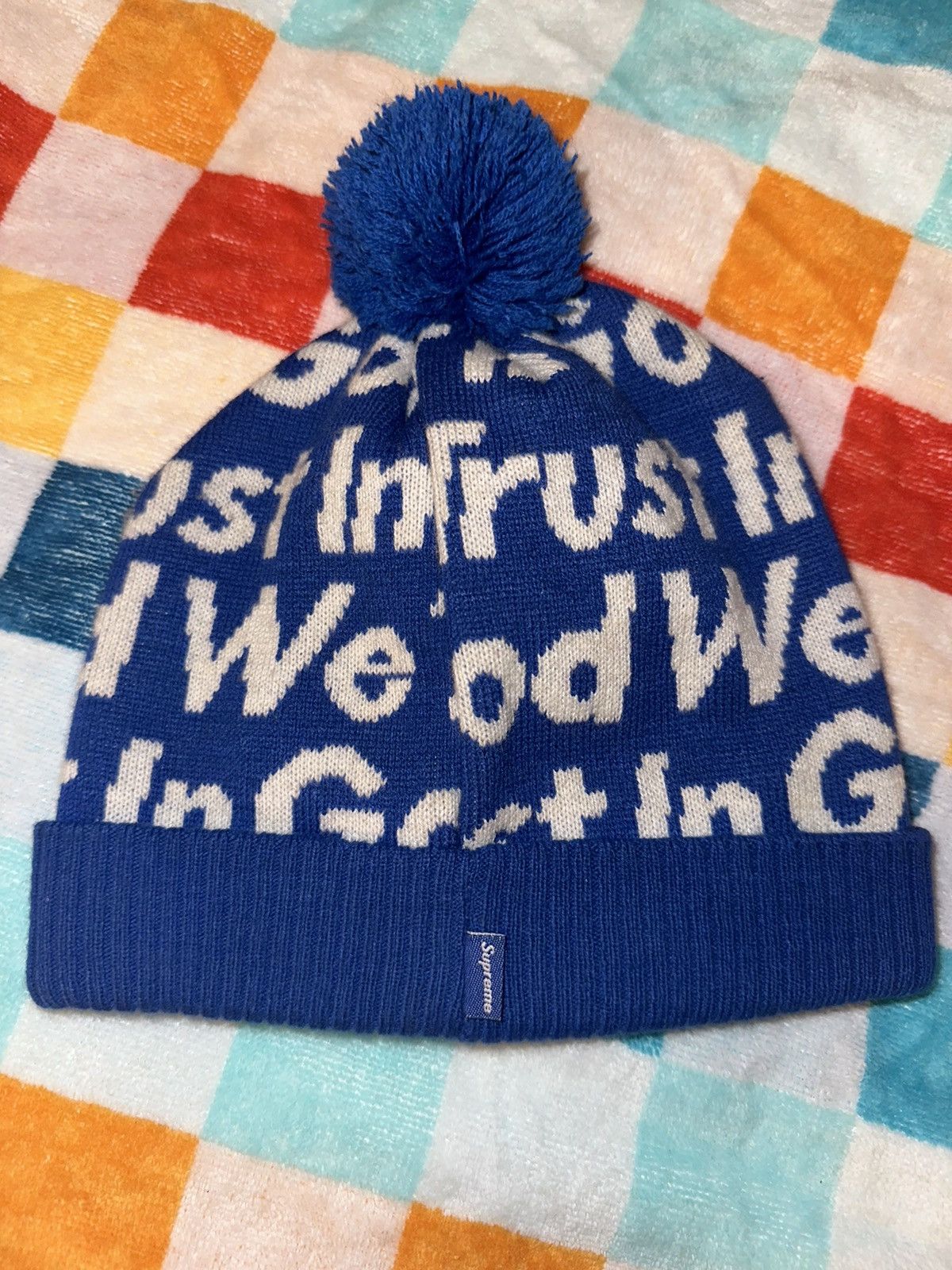 image of Supreme In God We Trust Beanie in Blue, Men's