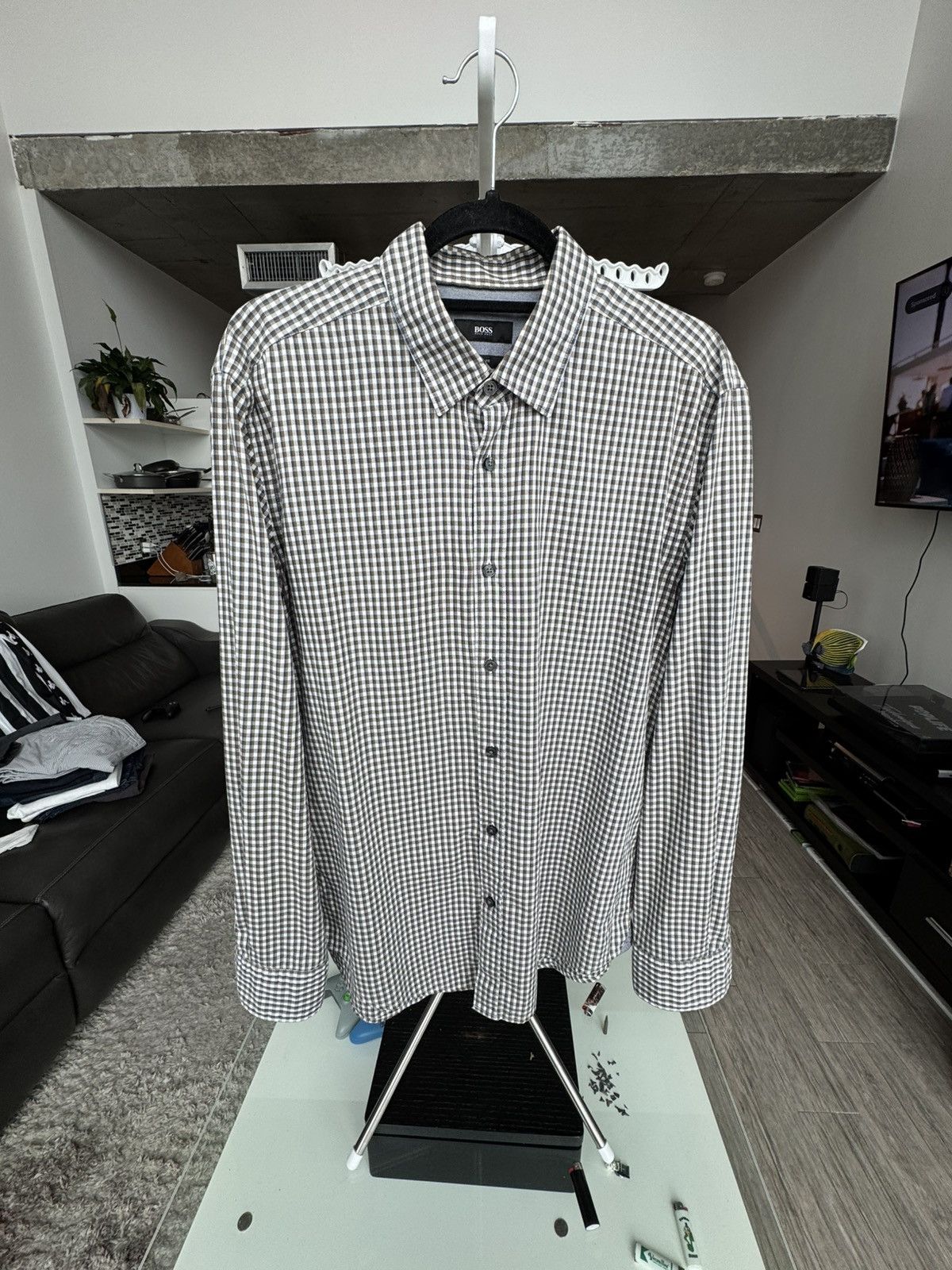 Hugo Boss HUGO BOSS Slim Fit Dress Shirt Grey/White Size US L / EU 52-54 / 3 - 1 Thumbnail