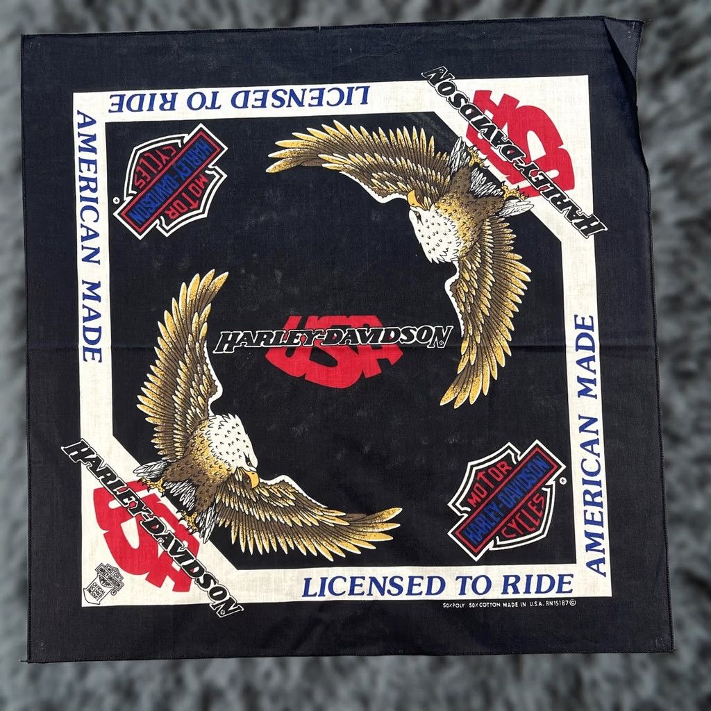 Harley Davidson VINTAGE Harley-Davidson Bandana Black USA Eagle Licensed To Ride American Made 90s Bandana Mens One Size Size ONE SIZE - 1 Thumbnail