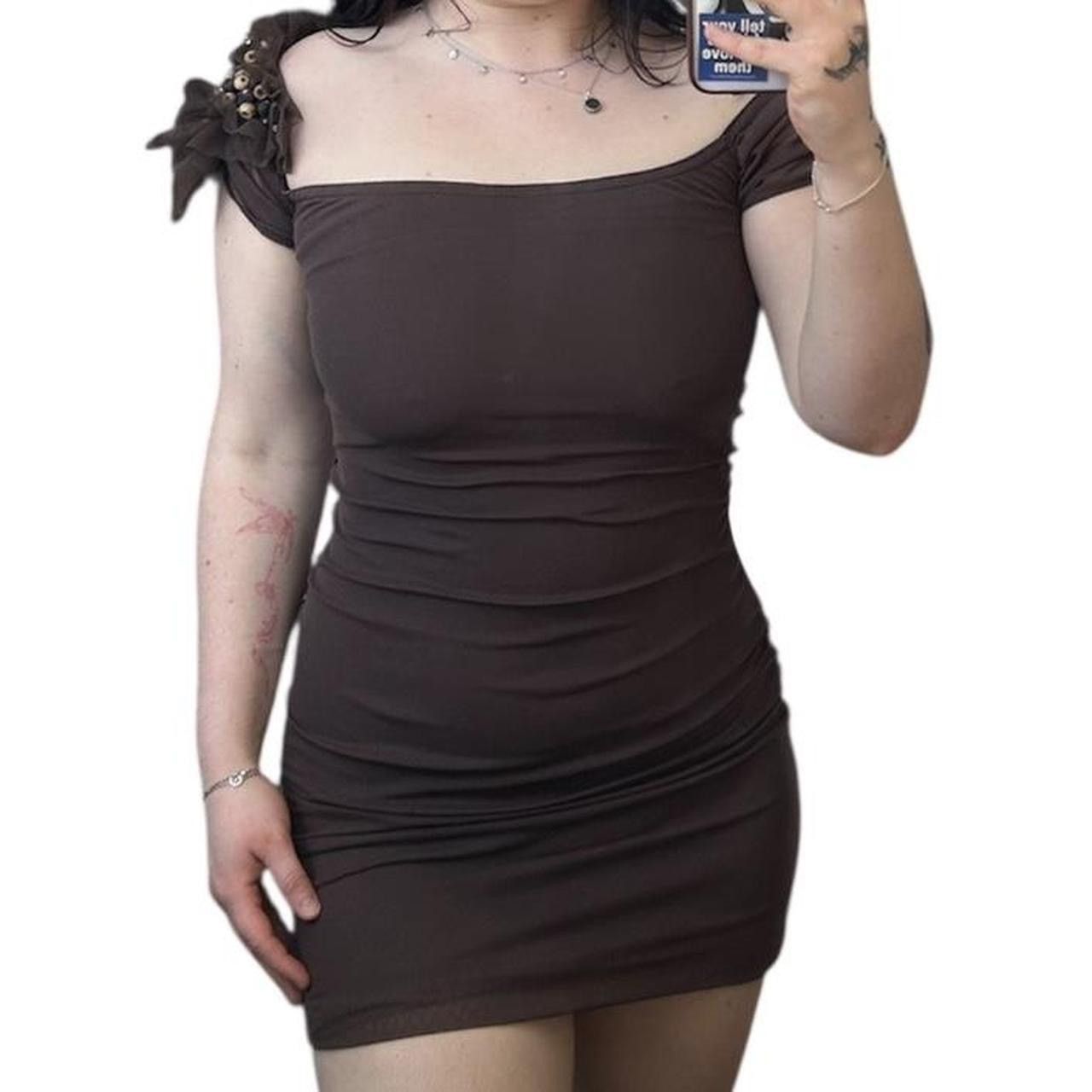 Designer Orna Farho Paris Brown Ruched Bodycon Dress Size M / US 6-8 / IT 42-44 - 8 Thumbnail